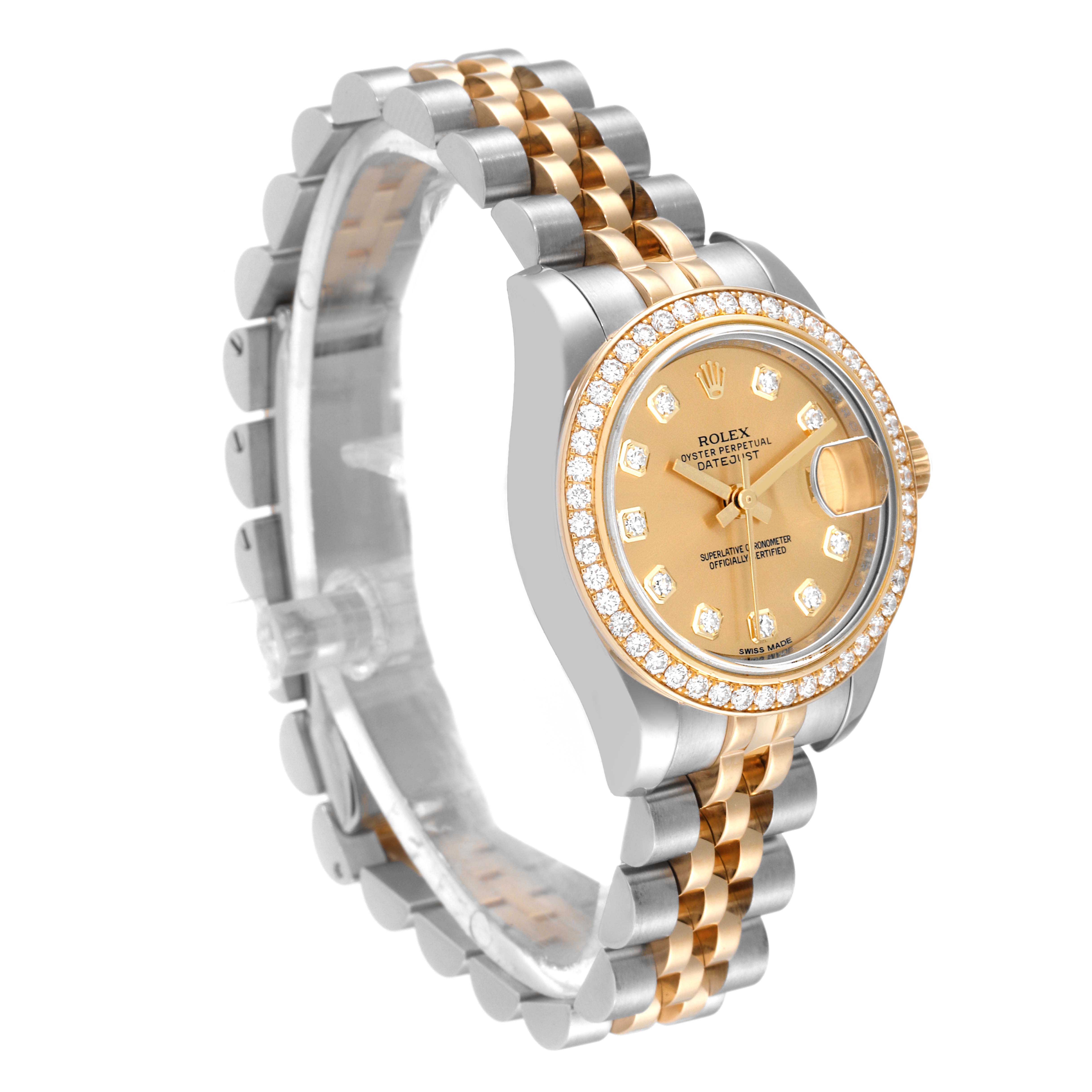 This image shows a Rolex Datejust 179383 Women's Steel and Gold (two tone) Champagne Dial 179383 Women's Steel and Gold (two tone) Champagne Dial watch from a side angle, highlighting the two-tone bracelet and diamond-encrusted bezel.