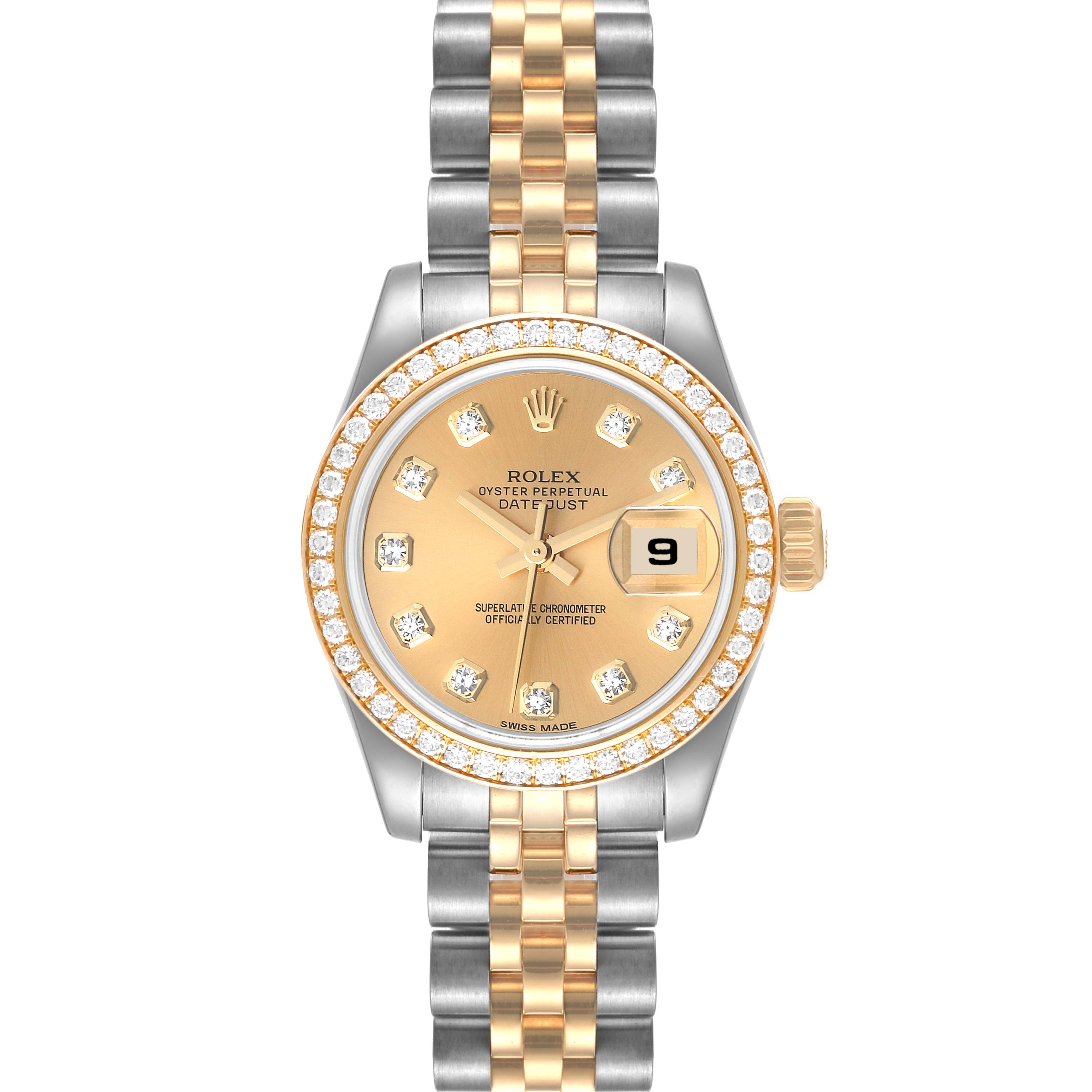 This image shows a front view of a Rolex Datejust 179383 Women's Steel and Gold (two tone) Champagne Dial 179383 Women's Steel and Gold (two tone) Champagne Dial watch, highlighting its dial, bezel, crown, and bracelet.