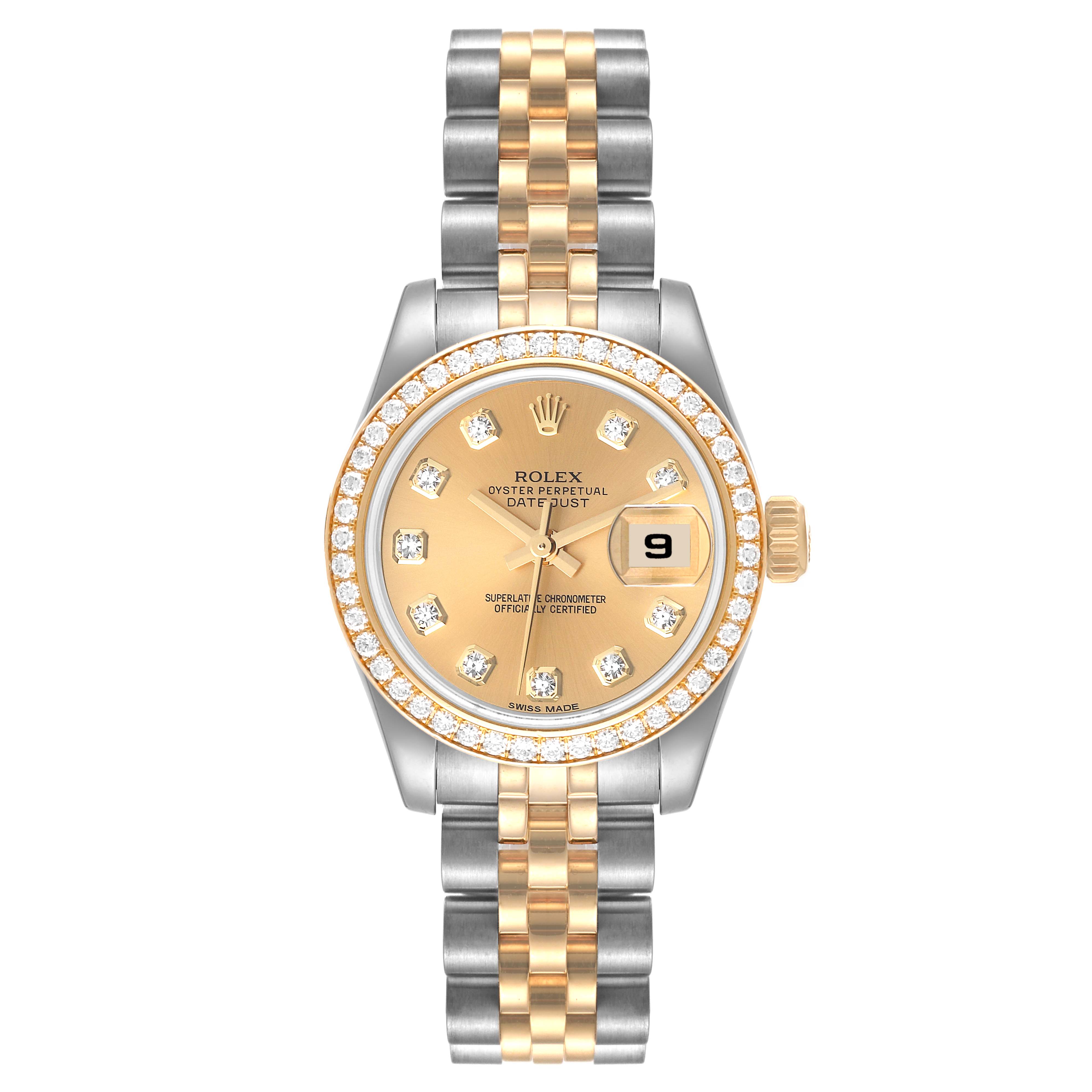 The image shows a front view of a Rolex Datejust 179383 Women's Steel and Gold (two tone) Champagne Dial 179383 Women's Steel and Gold (two tone) Champagne Dial watch with a two-tone bracelet and diamond bezel.