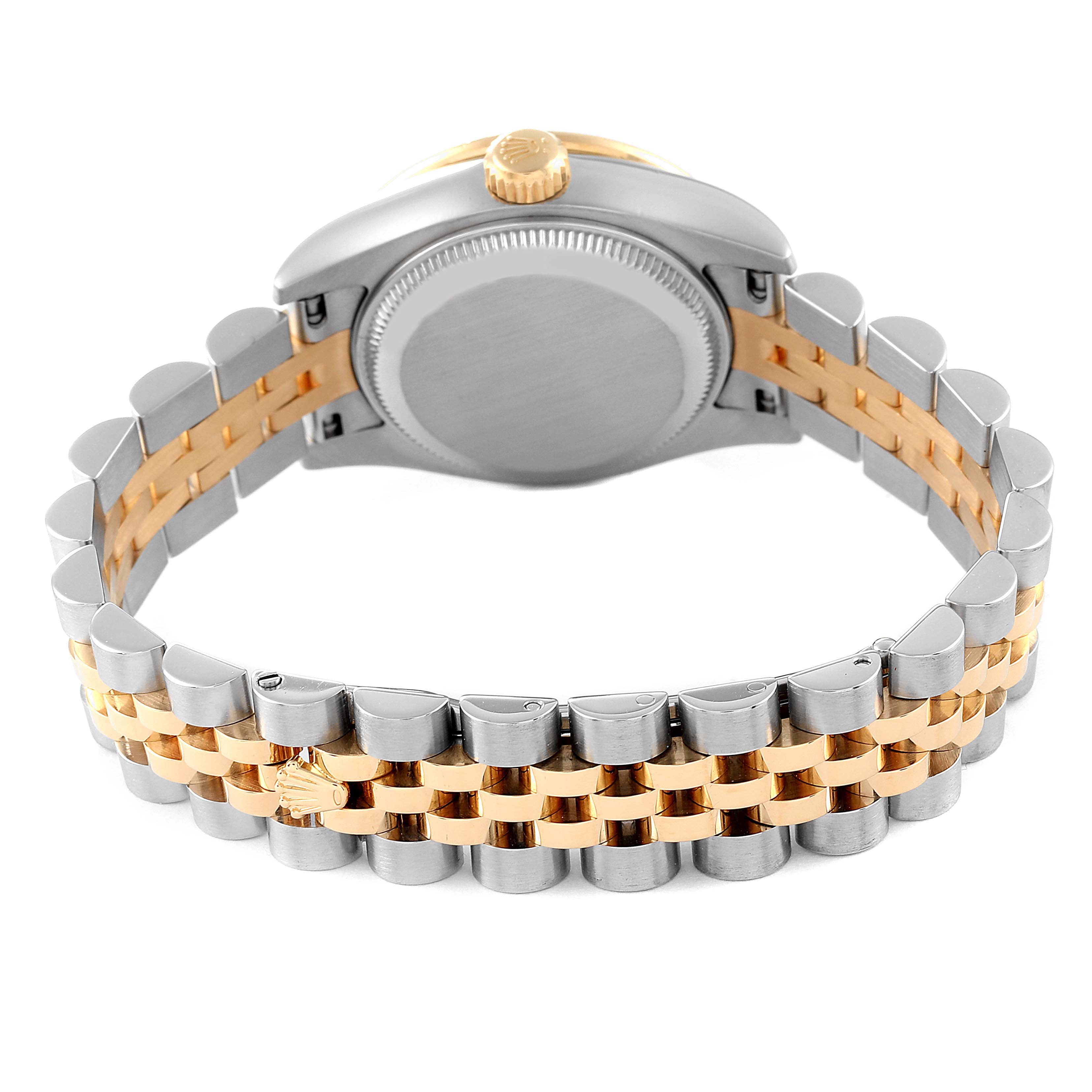 The image shows the back case and Jubilee bracelet of a Rolex Datejust 179383 Women's Steel and Gold (two tone) Champagne Dial 179383 Women's Steel and Gold (two tone) Champagne Dial watch from a rear angle.
