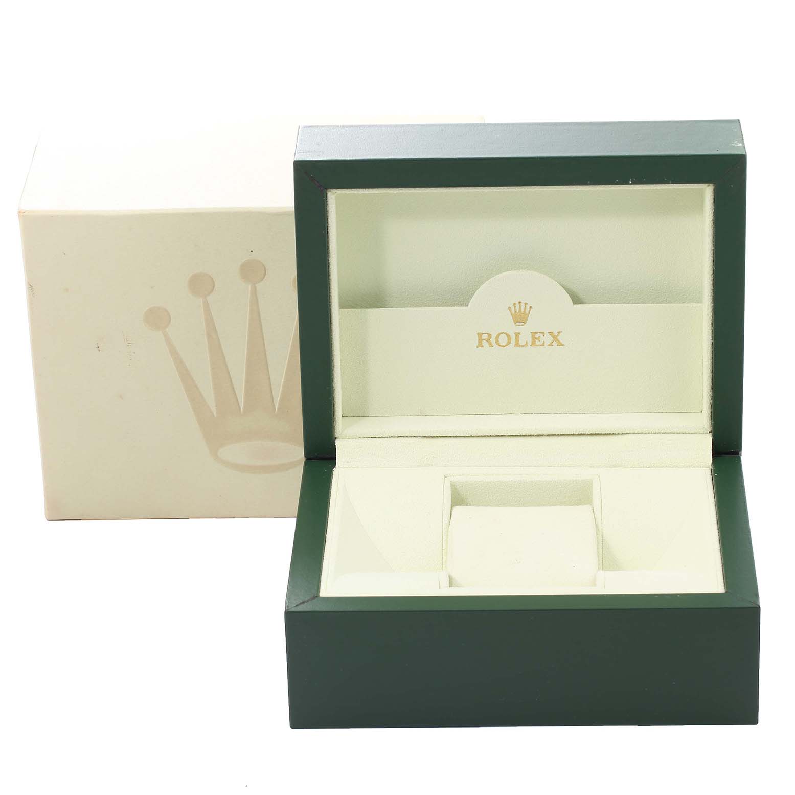 The image shows an open Rolex Datejust 179383 Women's Steel and Gold (two tone) Champagne Dial 179383 Women's Steel and Gold (two tone) Champagne Dial watch box with a cushioned interior and a closed white outer box.