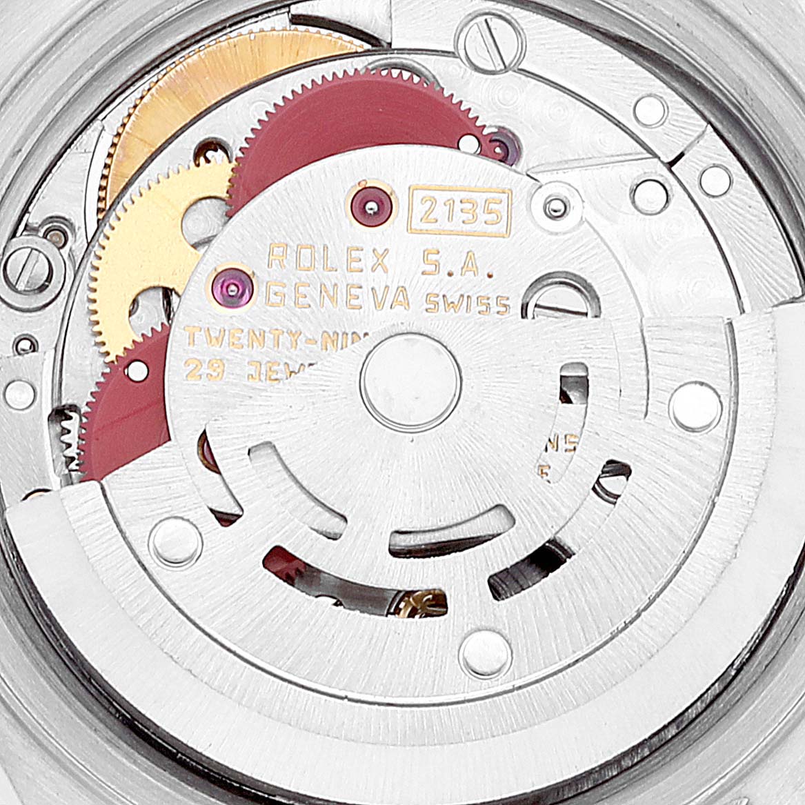 This image shows the movement mechanism of a Rolex Datejust 69173 Women's Steel and Gold (two tone) Black Dial 69173 Women's Steel and Gold (two tone) Black Dial watch, highlighting its intricate gears and components.