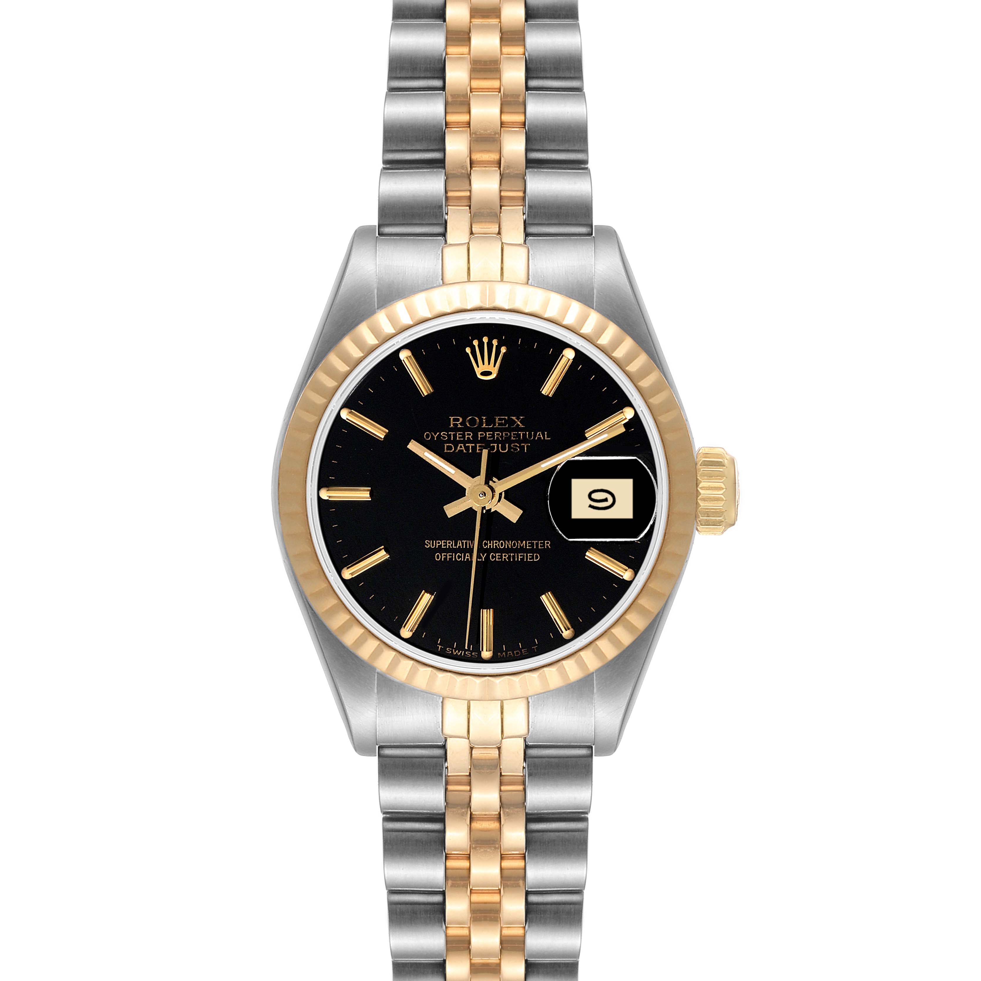 The image shows a front view of a Rolex Datejust 69173 Women's Steel and Gold (two tone) Black Dial 69173 Women's Steel and Gold (two tone) Black Dial watch, including its face, bezel, and bracelet.