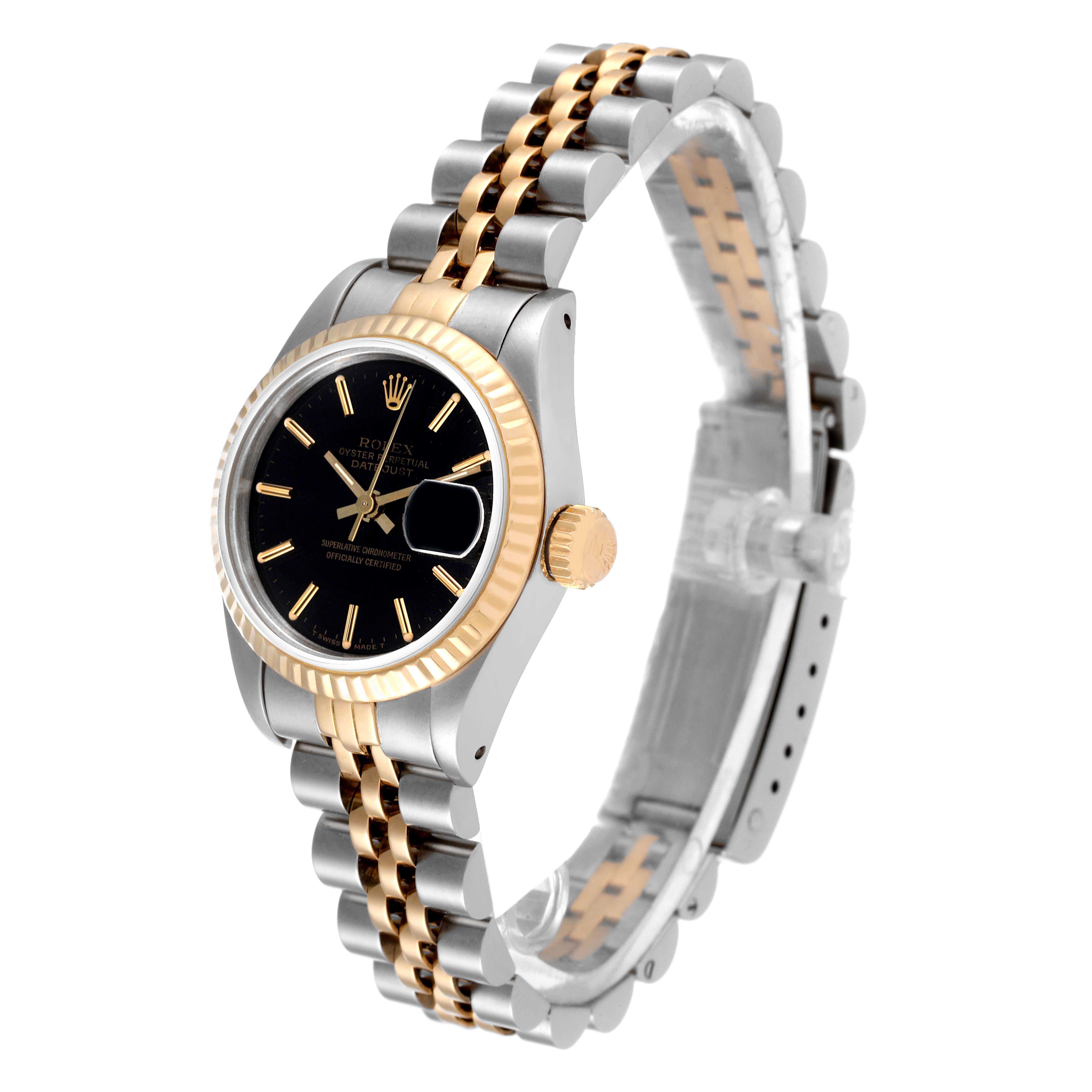 The Rolex Datejust 69173 Women's Steel and Gold (two tone) Black Dial 69173 Women's Steel and Gold (two tone) Black Dial watch is shown at an angled view, highlighting its black dial, gold fluted bezel, and two-tone Jubilee bracelet.