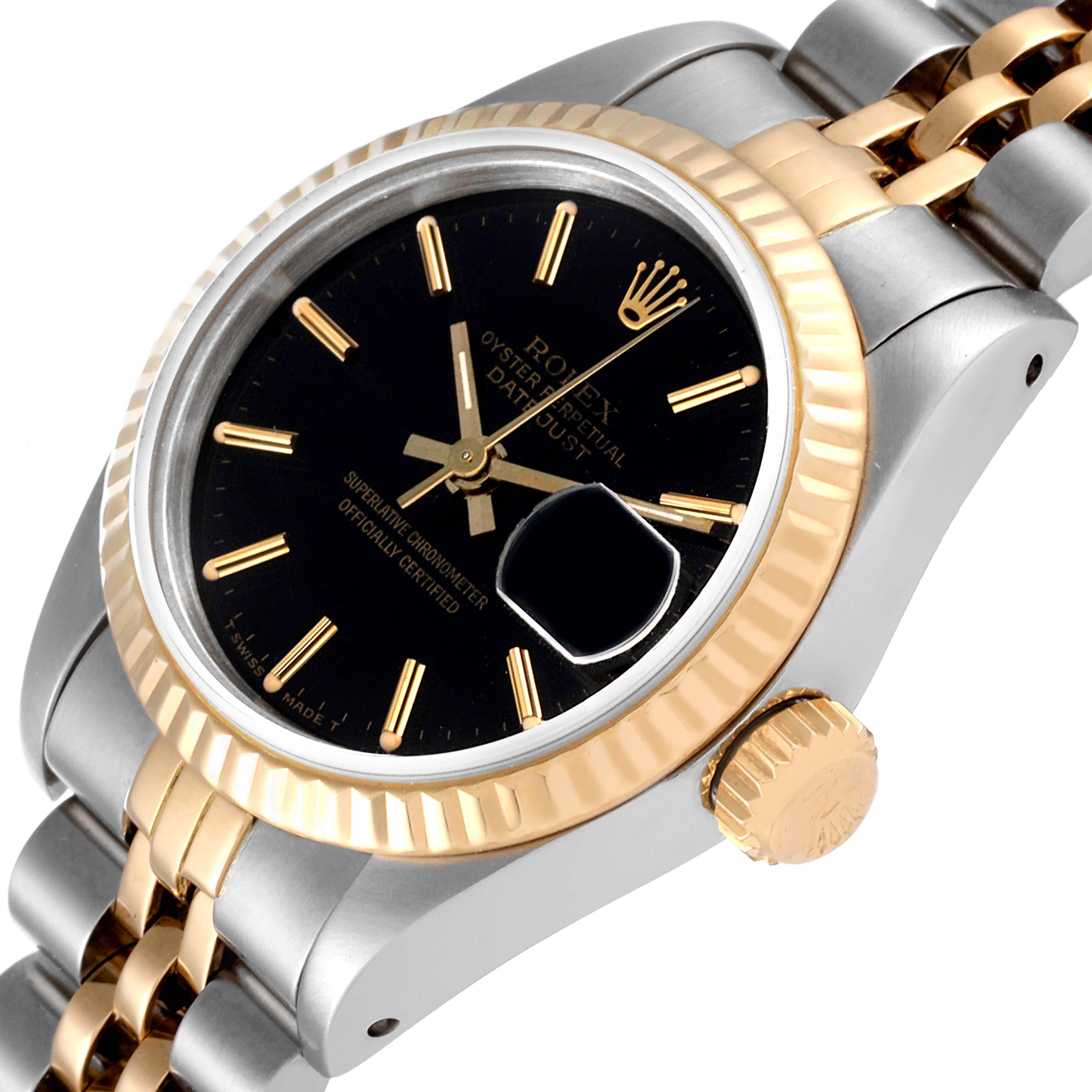 The image shows a close-up view of a Rolex Datejust 69173 Women's Steel and Gold (two tone) Black Dial 69173 Women's Steel and Gold (two tone) Black Dial watch, highlighting its black dial, gold fluted bezel, and part of the two-tone bracelet.