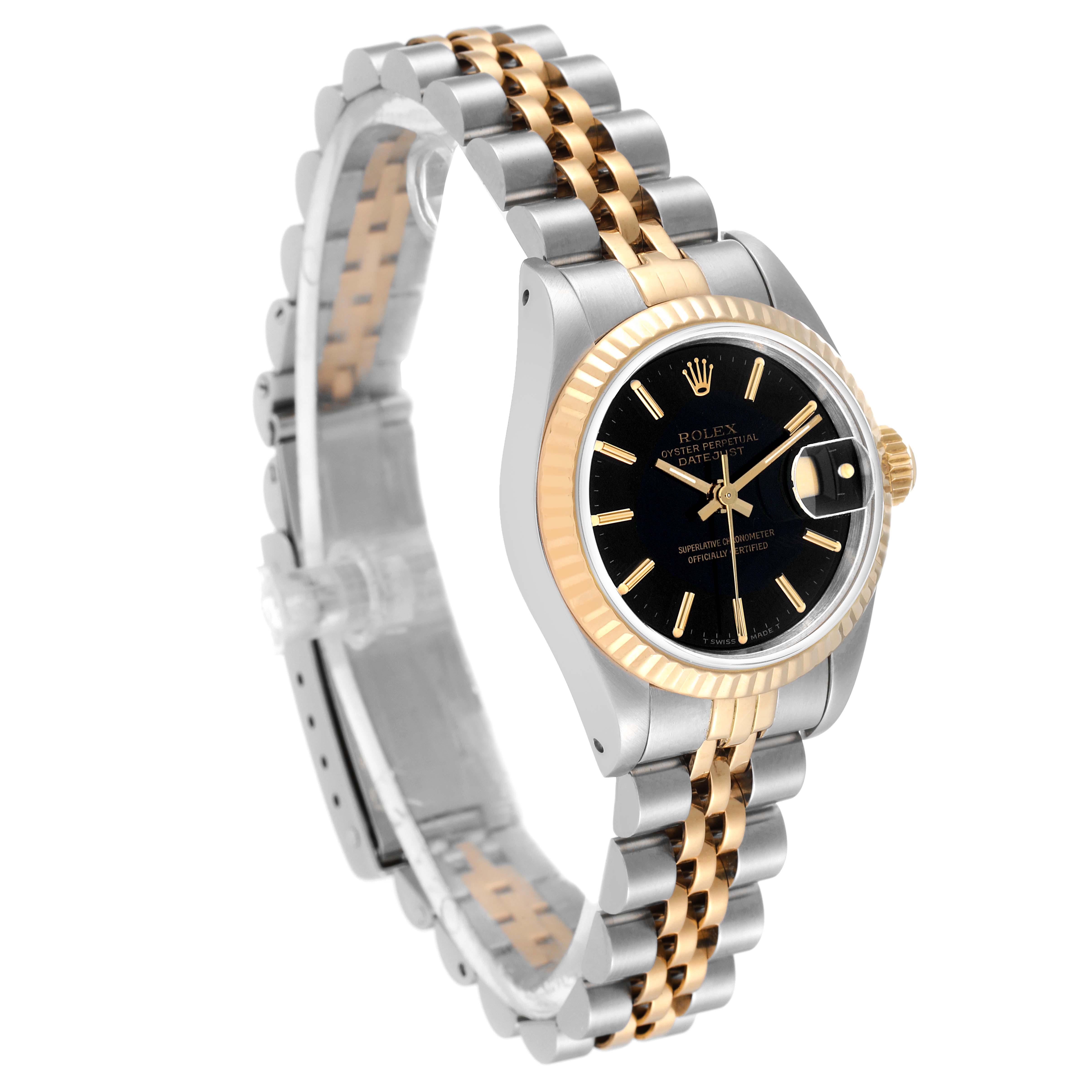 The Rolex Datejust 69173 Women's Steel and Gold (two tone) Black Dial 69173 Women's Steel and Gold (two tone) Black Dial watch is shown in a three-quarter angle, highlighting its bracelet, bezel, and black watch face.