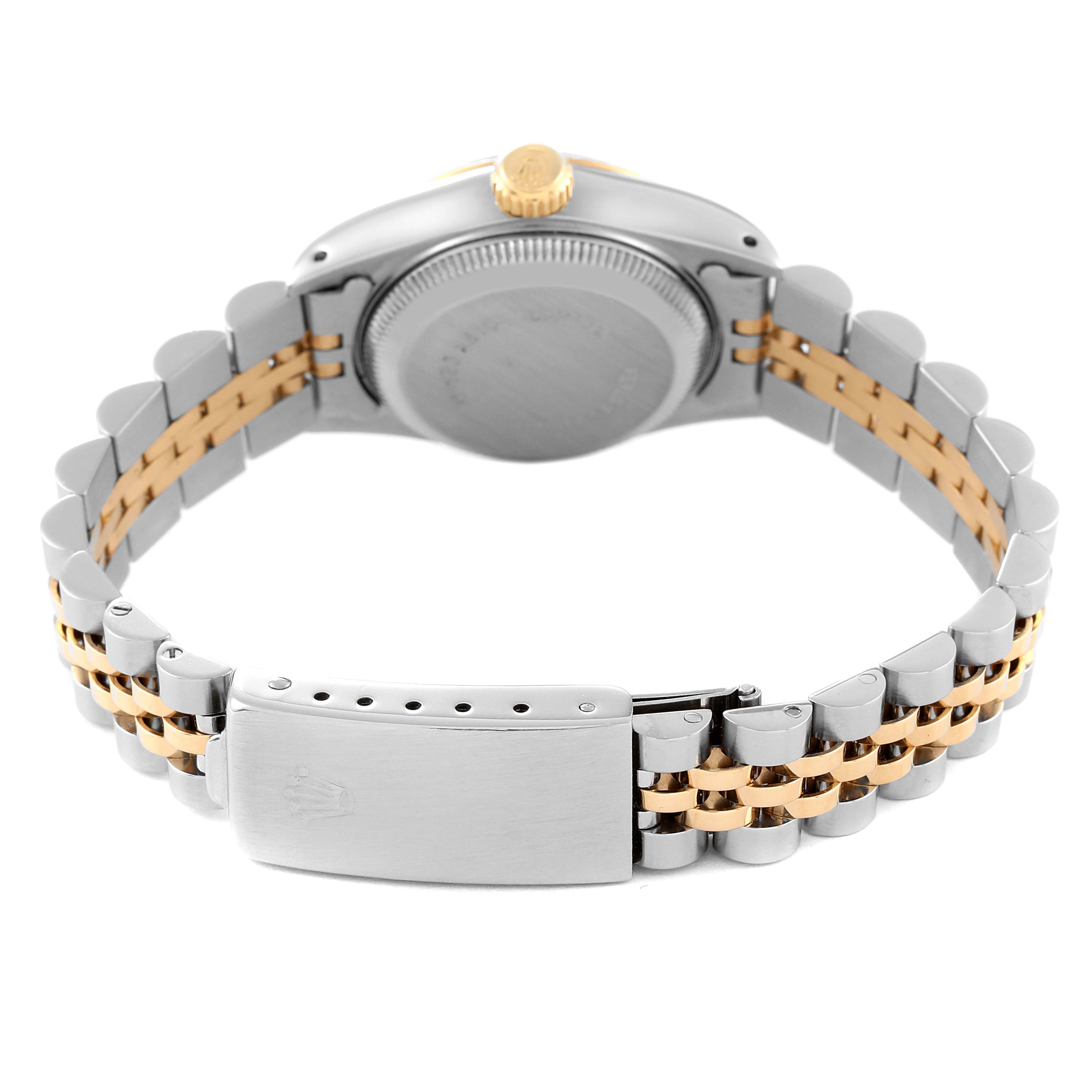 This image shows the back and bracelet of a Rolex Datejust 69173 Women's Steel and Gold (two tone) Black Dial 69173 Women's Steel and Gold (two tone) Black Dial watch, highlighting the two-tone links and clasp.