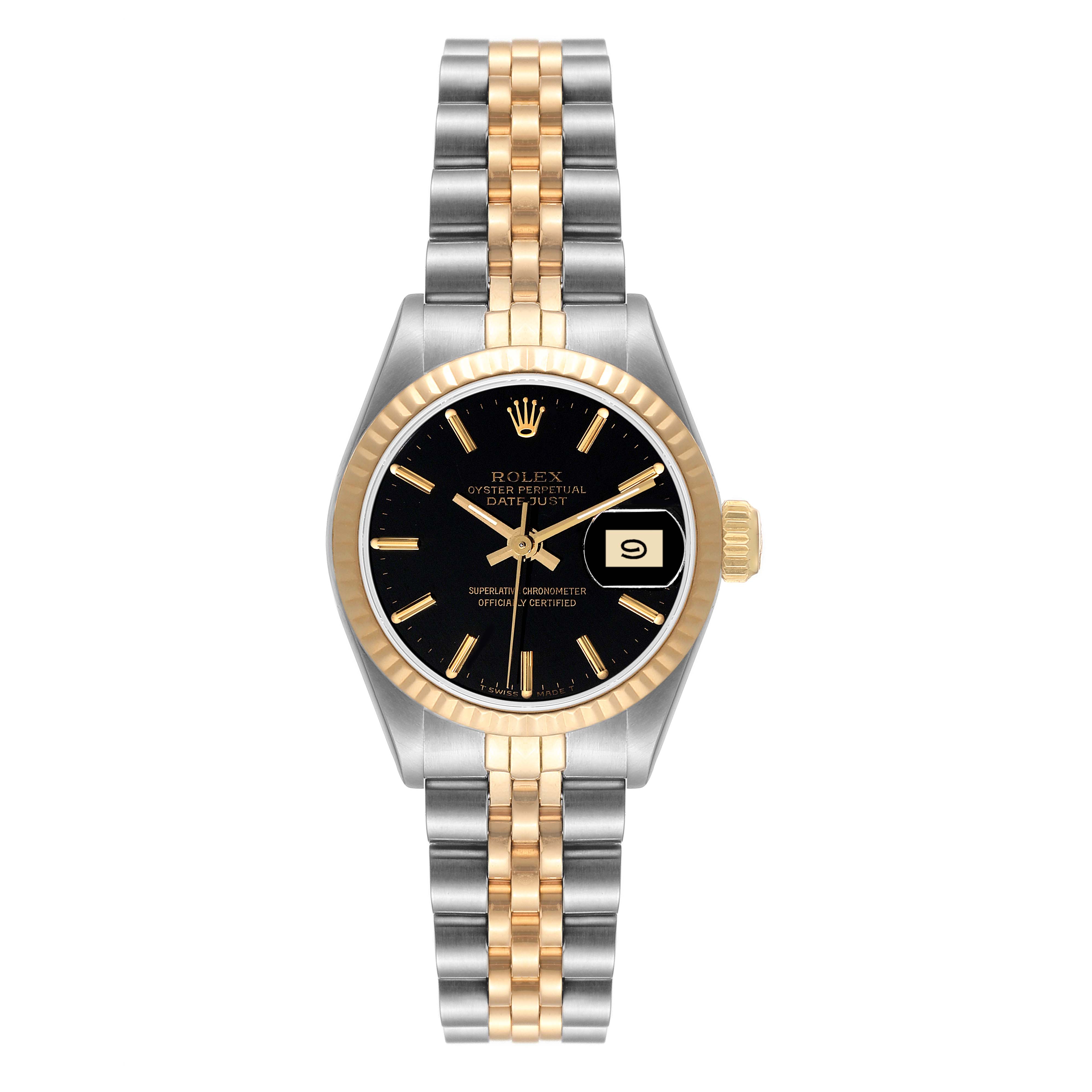 This is a front view of the Rolex Datejust 69173 Women's Steel and Gold (two tone) Black Dial 69173 Women's Steel and Gold (two tone) Black Dial watch, showing the dial, bezel, case, and two-tone bracelet.
