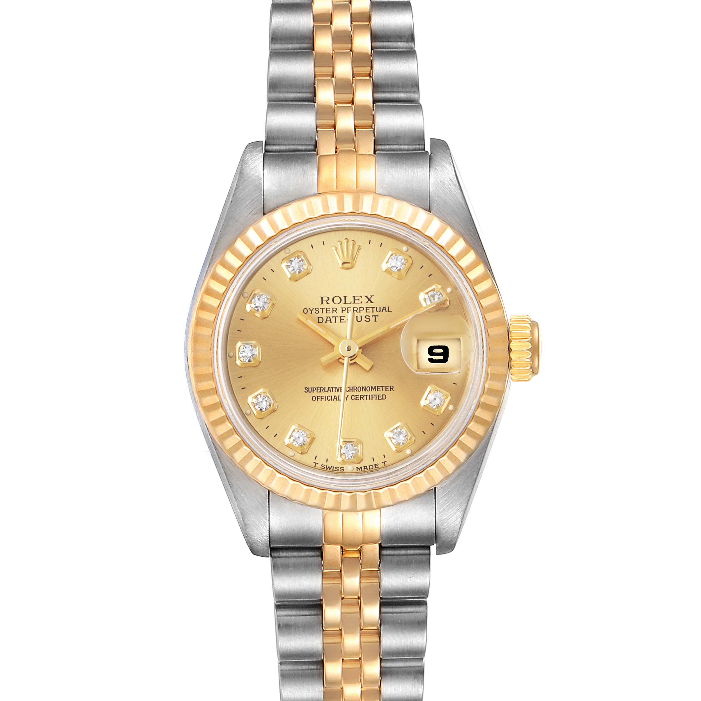 The Rolex Datejust 69173 Men's Steel and Gold (two tone) Champagne Dial 69173 Men's Steel and Gold (two tone) Champagne Dial watch is shown from a straight-on angle, displaying its face, bezel, crown, and two-tone bracelet.