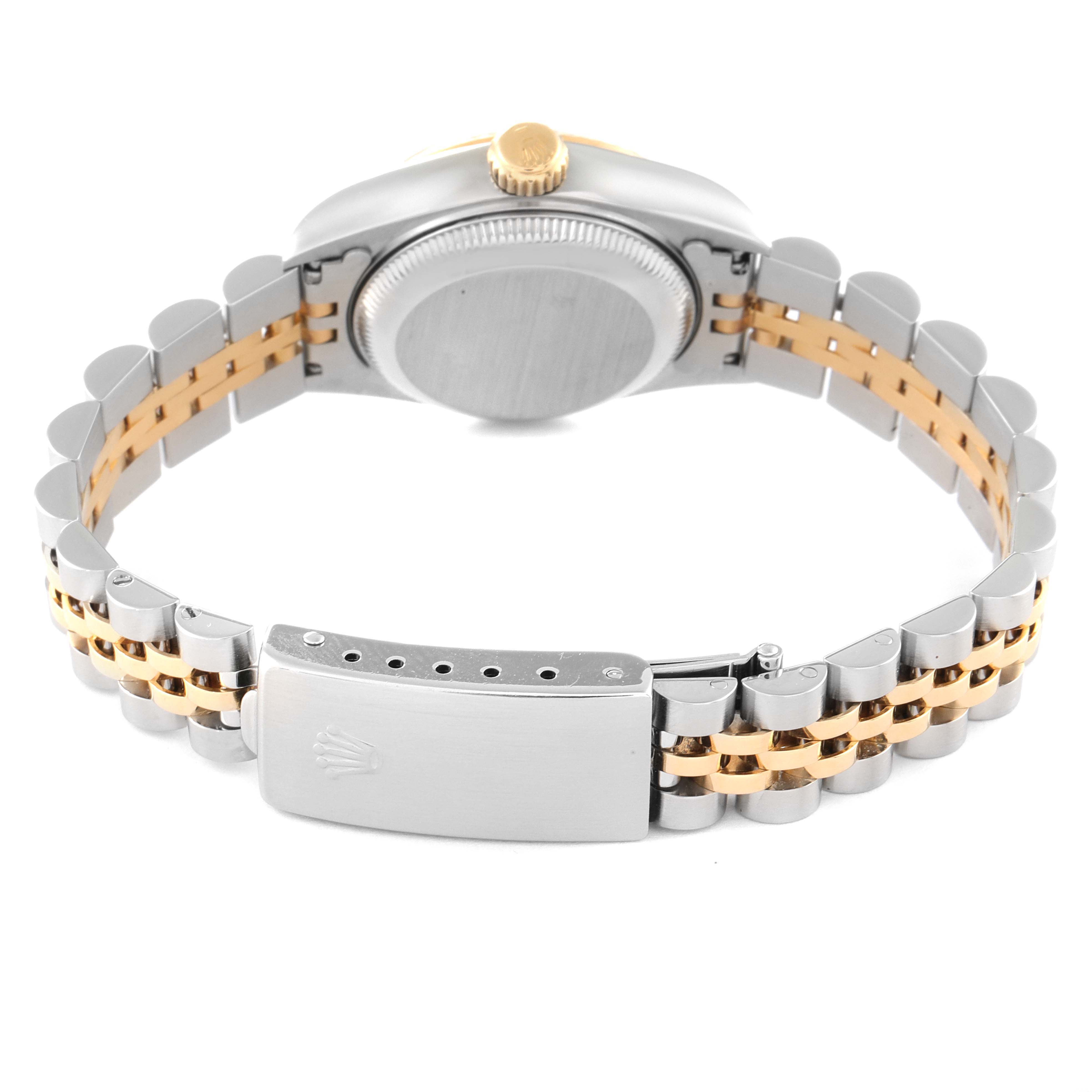 This image shows the back and bracelet of a Rolex Datejust 69173 Men's Steel and Gold (two tone) Champagne Dial 69173 Men's Steel and Gold (two tone) Champagne Dial watch, highlighting its dual-tone metal links and clasp.