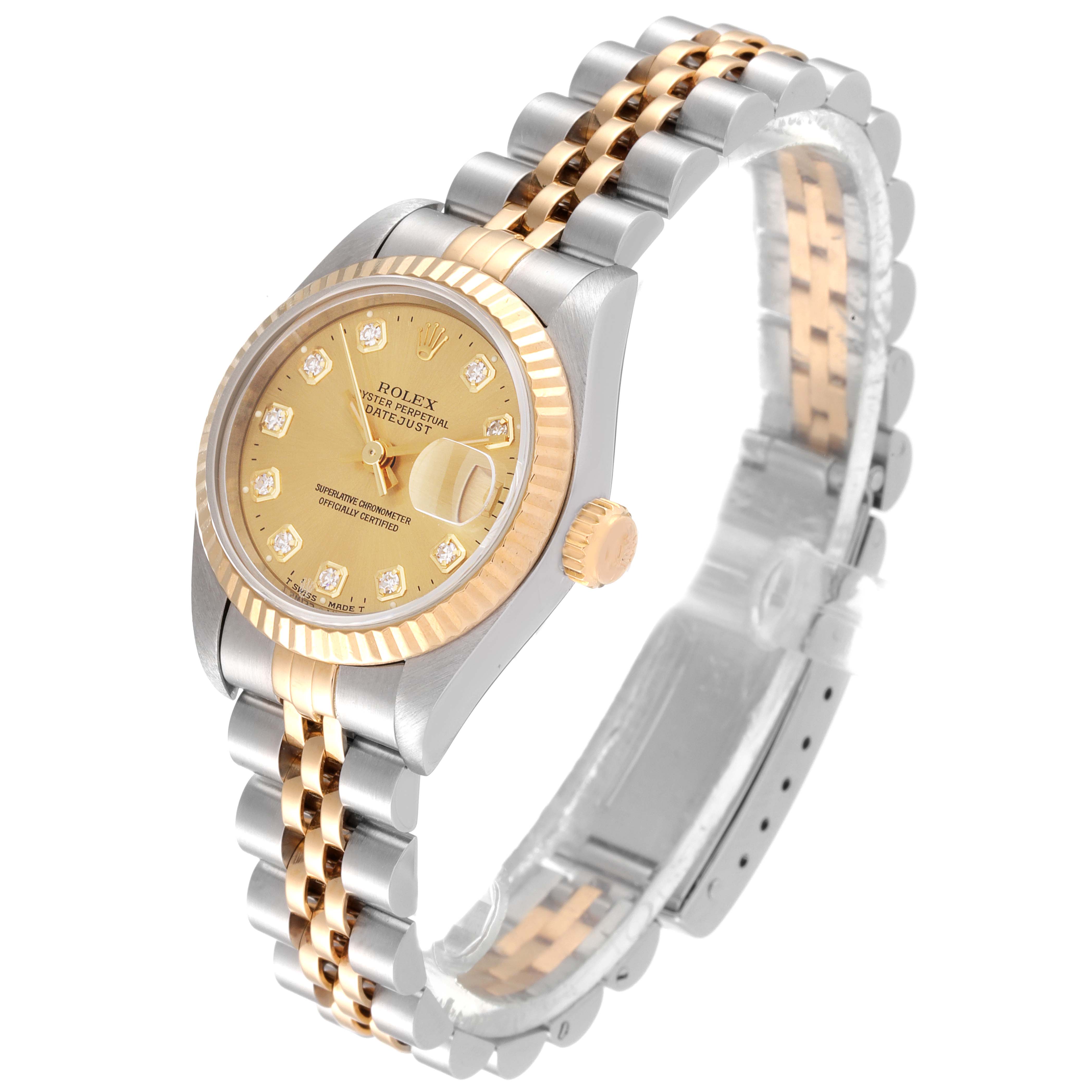 The Rolex Datejust 69173 Men's Steel and Gold (two tone) Champagne Dial 69173 Men's Steel and Gold (two tone) Champagne Dial watch is shown at an angle highlighting the bezel, dial, crown, and bracelet.