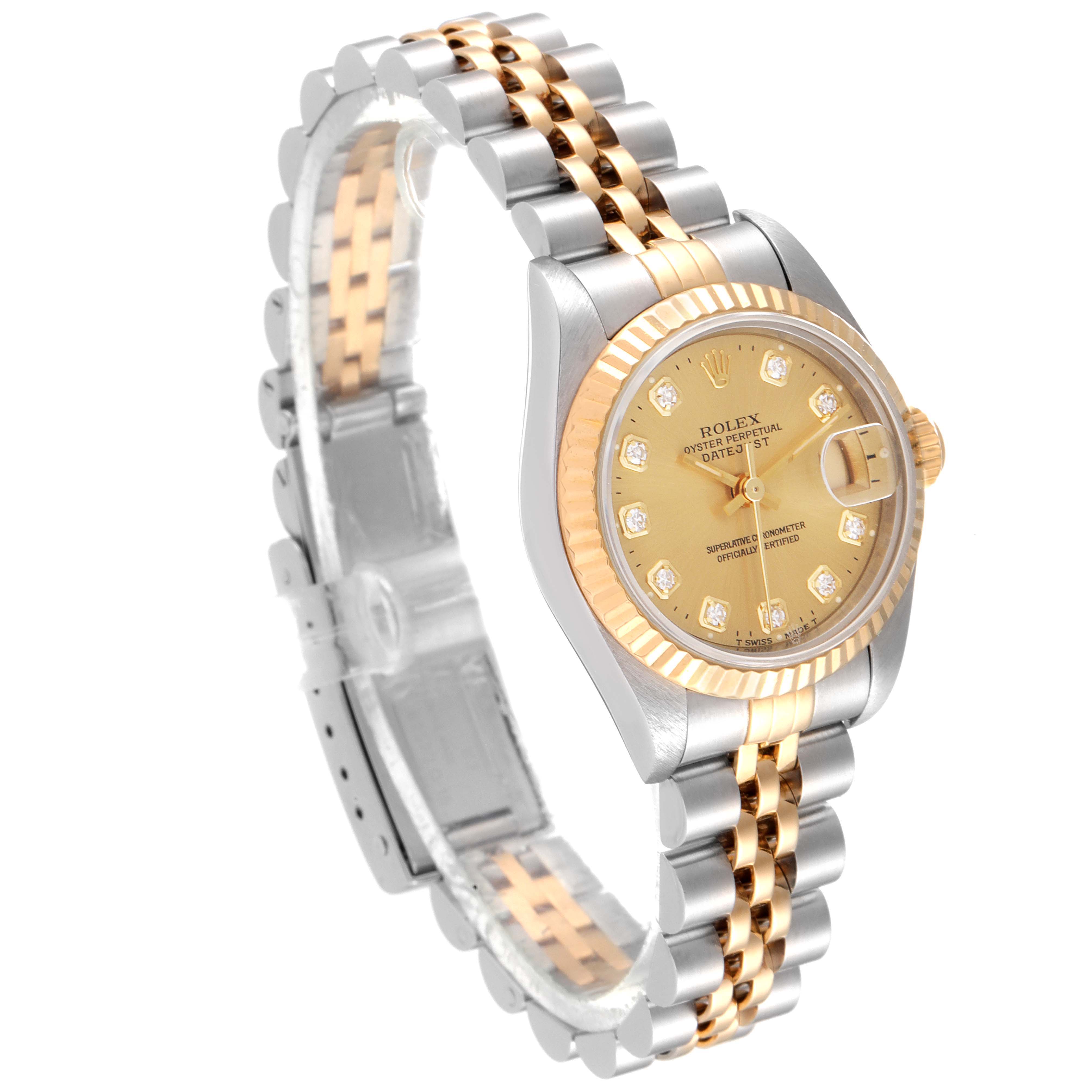 This image shows a front-side angle of a Rolex Datejust 69173 Men's Steel and Gold (two tone) Champagne Dial 69173 Men's Steel and Gold (two tone) Champagne Dial watch, highlighting its gold and silver bracelet and the detailed dial.