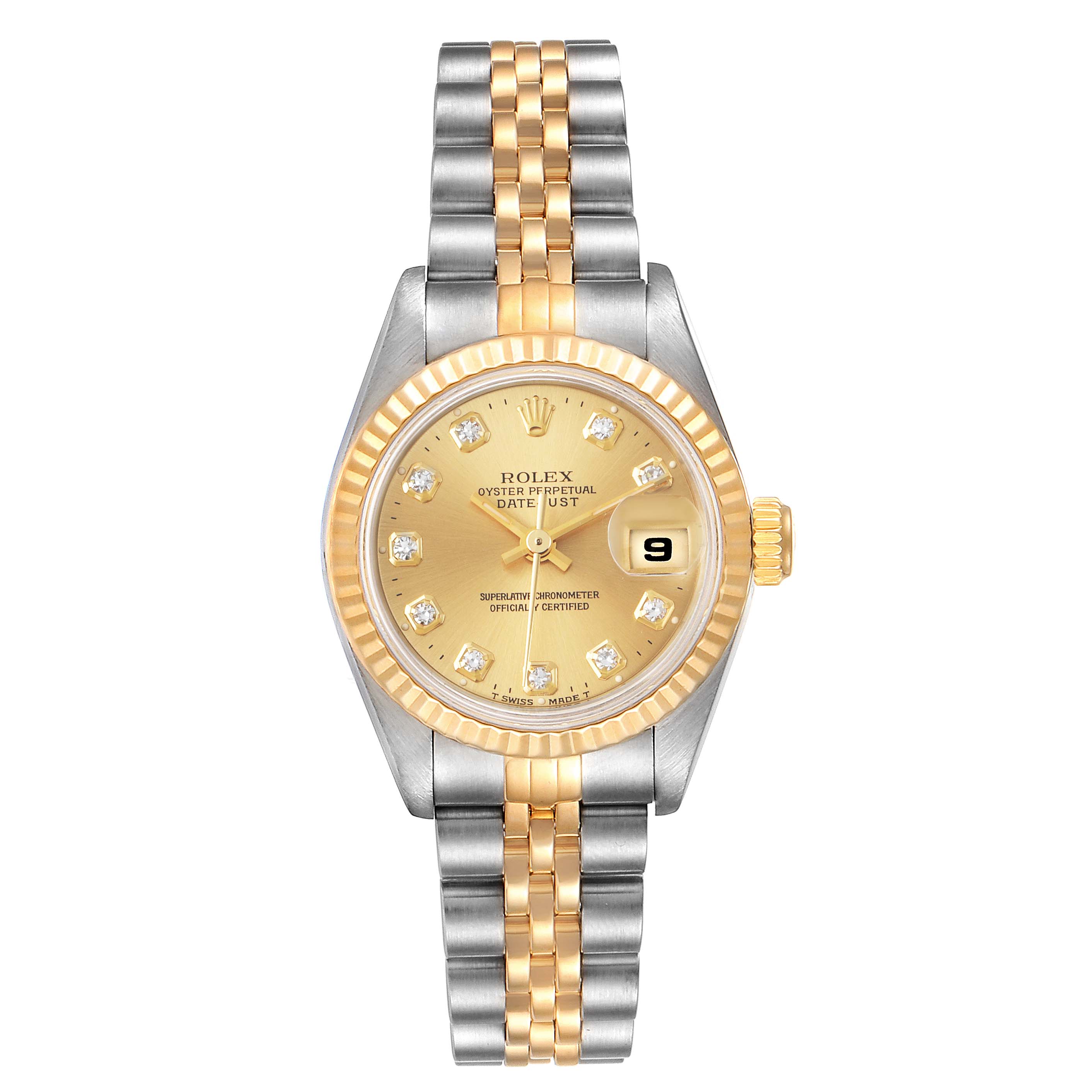 The Rolex Datejust 69173 Men's Steel and Gold (two tone) Champagne Dial 69173 Men's Steel and Gold (two tone) Champagne Dial watch is shown from a top-down angle, displaying its face, bezel, dial, and bracelet.