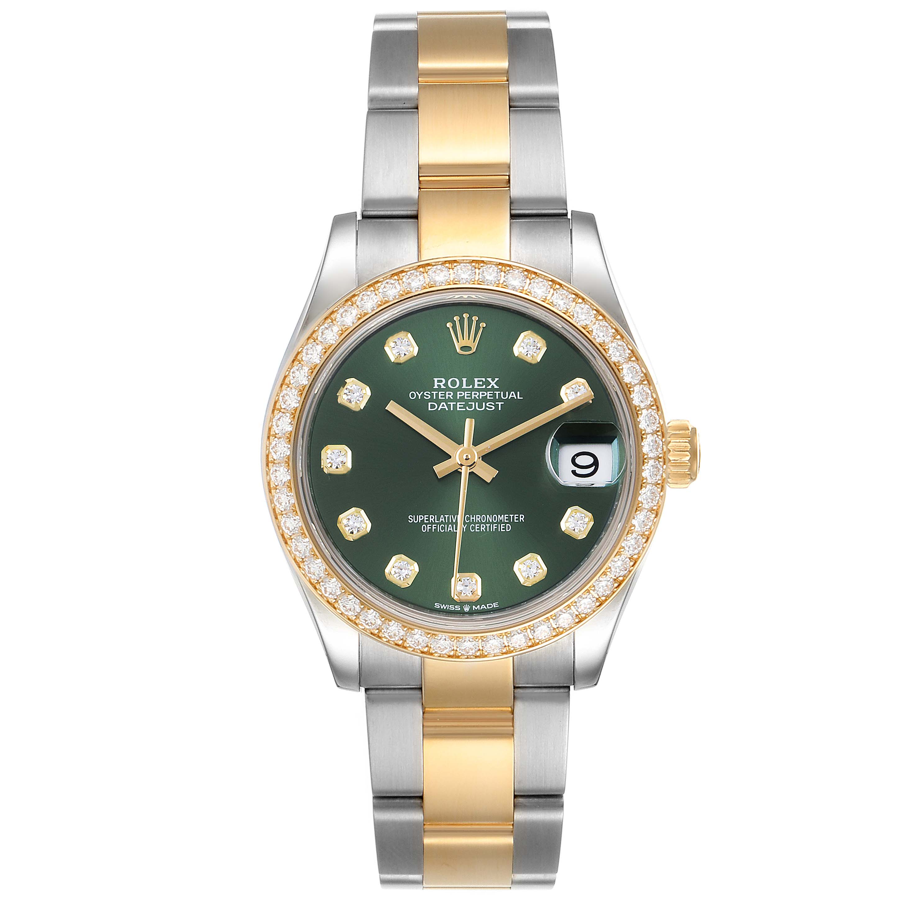 The image shows a front view of a Rolex Mid-Size 278383 Women's Steel and Gold (two tone) Green Dial 278383 Women's Steel and Gold (two tone) Green Dial Oyster Perpetual Datejust, showcasing the dial, bezel, and bracelet.