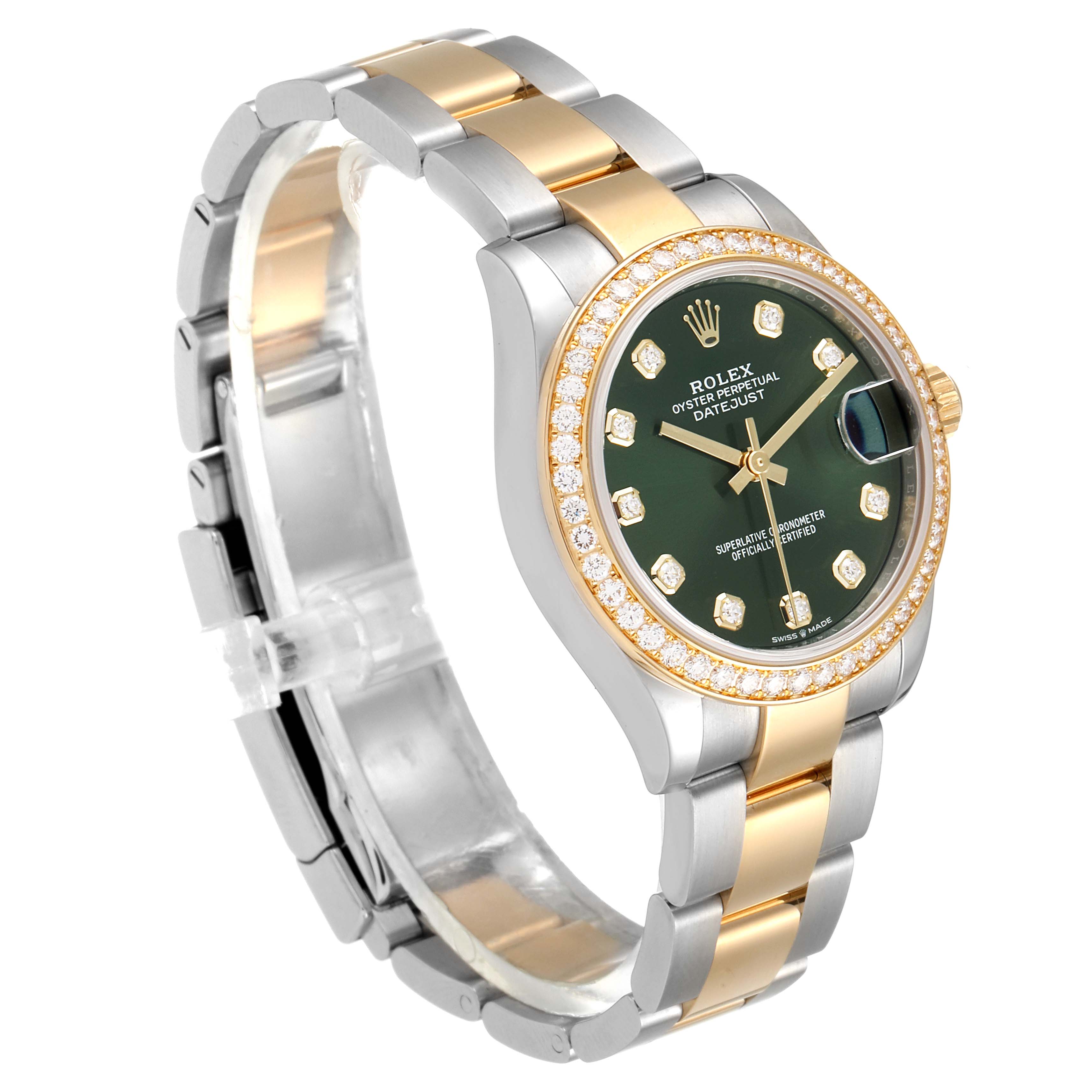 The image shows a side-angle view of a Rolex Mid-Size 278383 Women's Steel and Gold (two tone) Green Dial 278383 Women's Steel and Gold (two tone) Green Dial Datejust watch with a two-tone bracelet and a diamond-encrusted bezel.