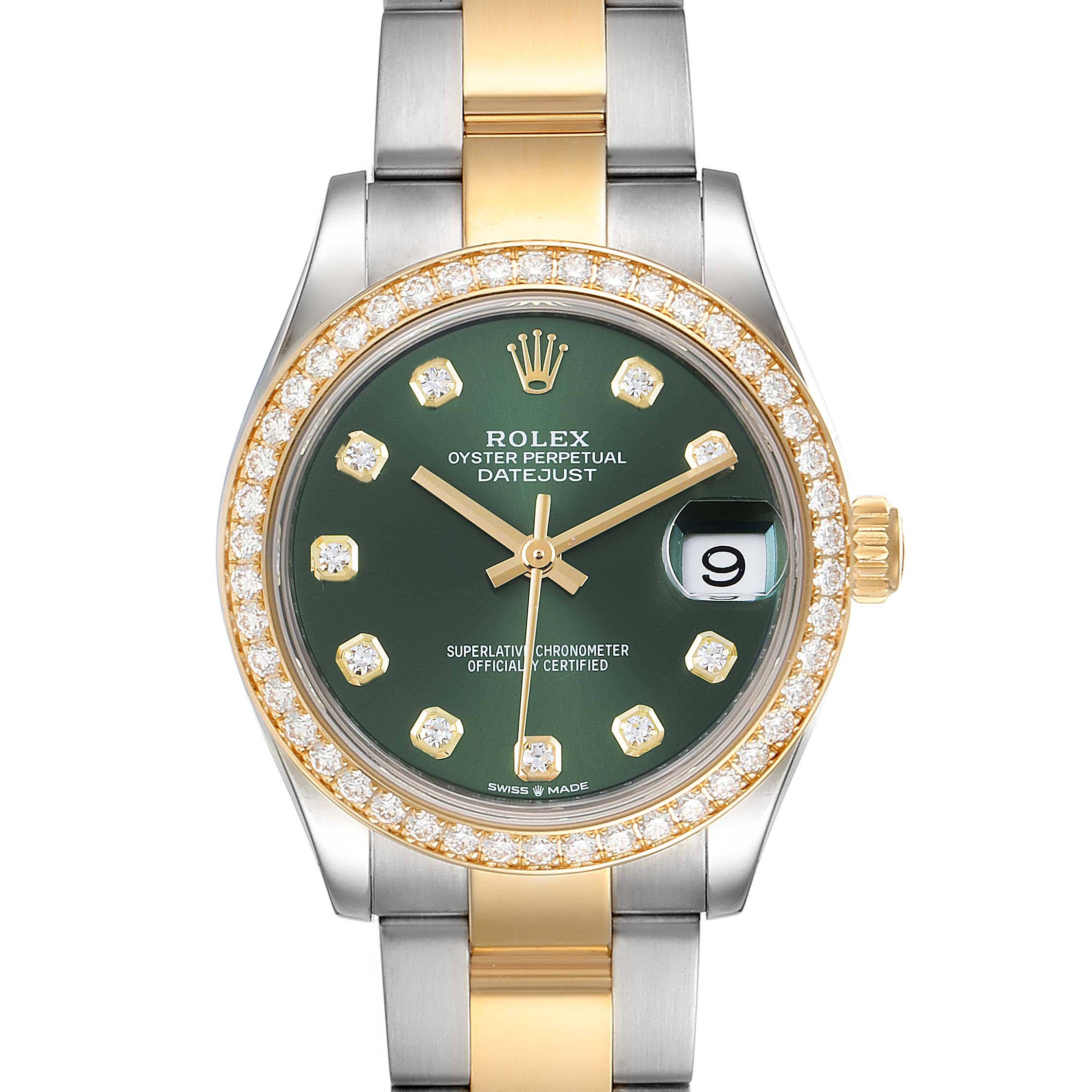 The Rolex Mid-Size 278383 Women's Steel and Gold (two tone) Green Dial 278383 Women's Steel and Gold (two tone) Green Dial Oyster Perpetual Datejust watch is shown from a front angle, displaying the dial, bezel, and part of the bracelet.