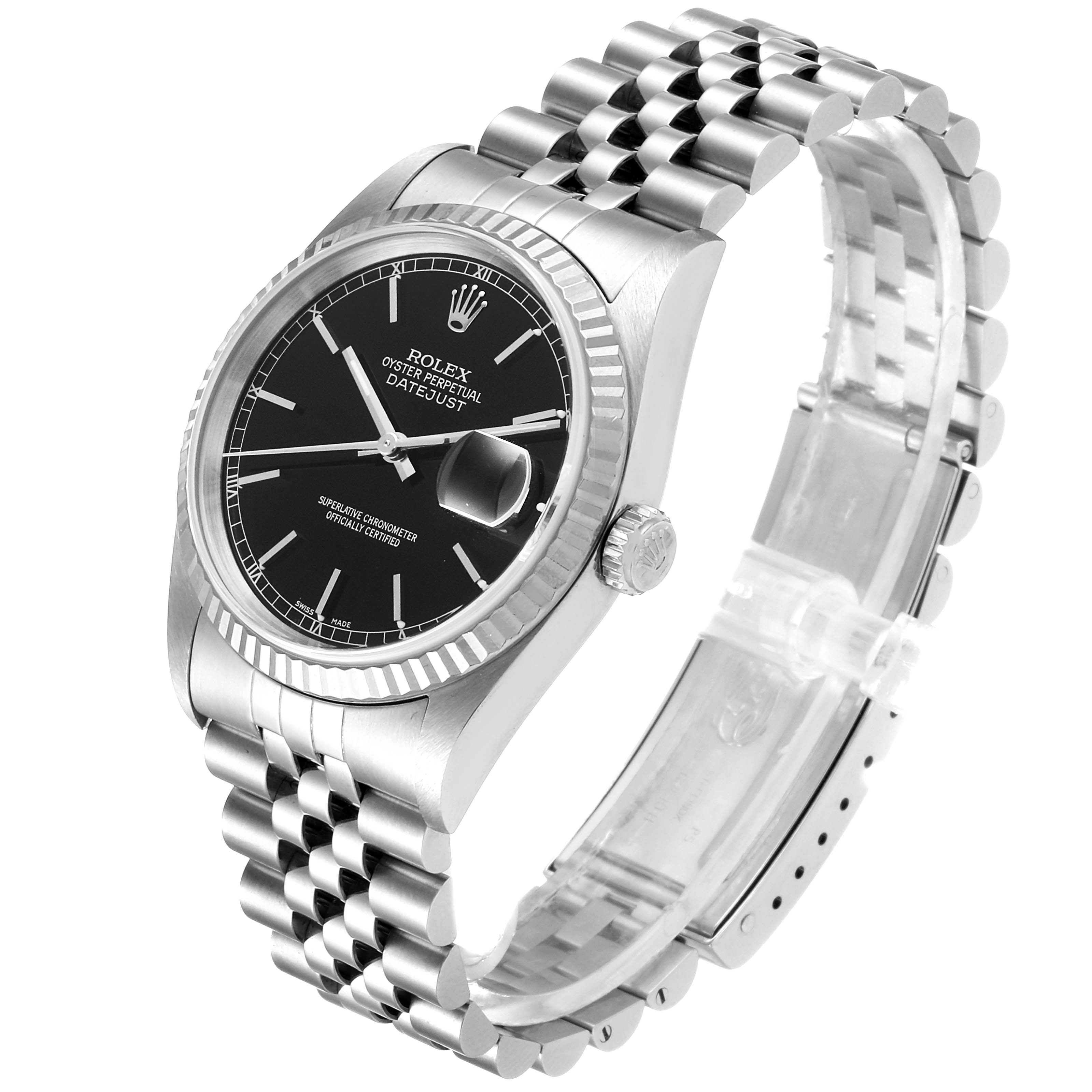 The Rolex Datejust 16234 Men's Stainless Steel Black Dial 16234 Men's Stainless Steel Black Dial watch is shown at a slight angle, displaying its black dial, bezel, crown, and silver Jubilee bracelet.