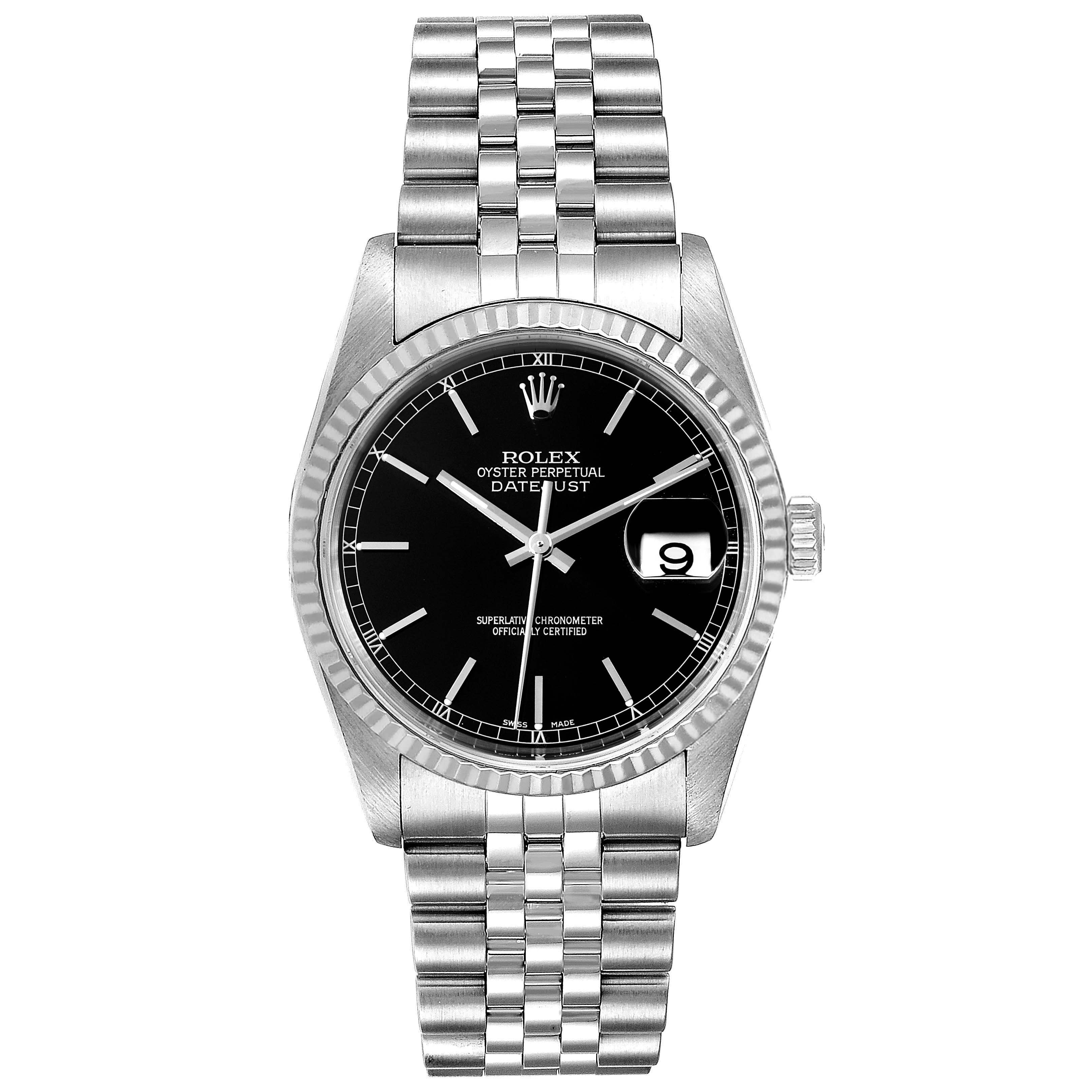 The image shows a front view of the Rolex Datejust 16234 Men's Stainless Steel Black Dial 16234 Men's Stainless Steel Black Dial watch featuring a black dial and a stainless steel bracelet.