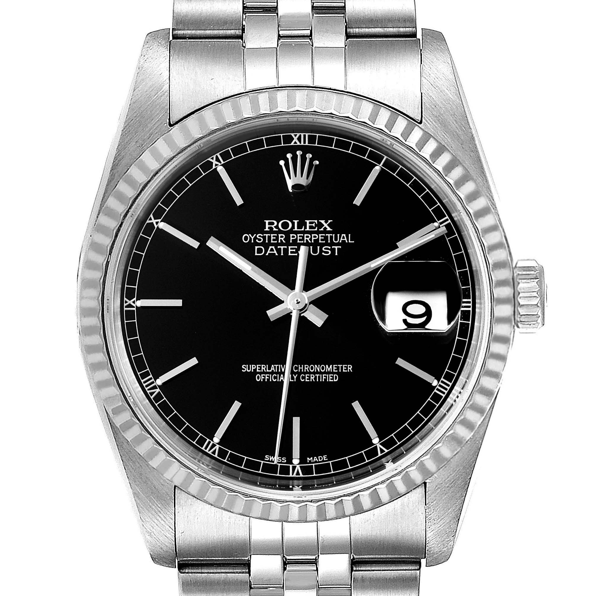 The Rolex Datejust 16234 Men's Stainless Steel Black Dial 16234 Men's Stainless Steel Black Dial watch is shown from a frontal angle, displaying its dial, bezel, and part of the bracelet.
