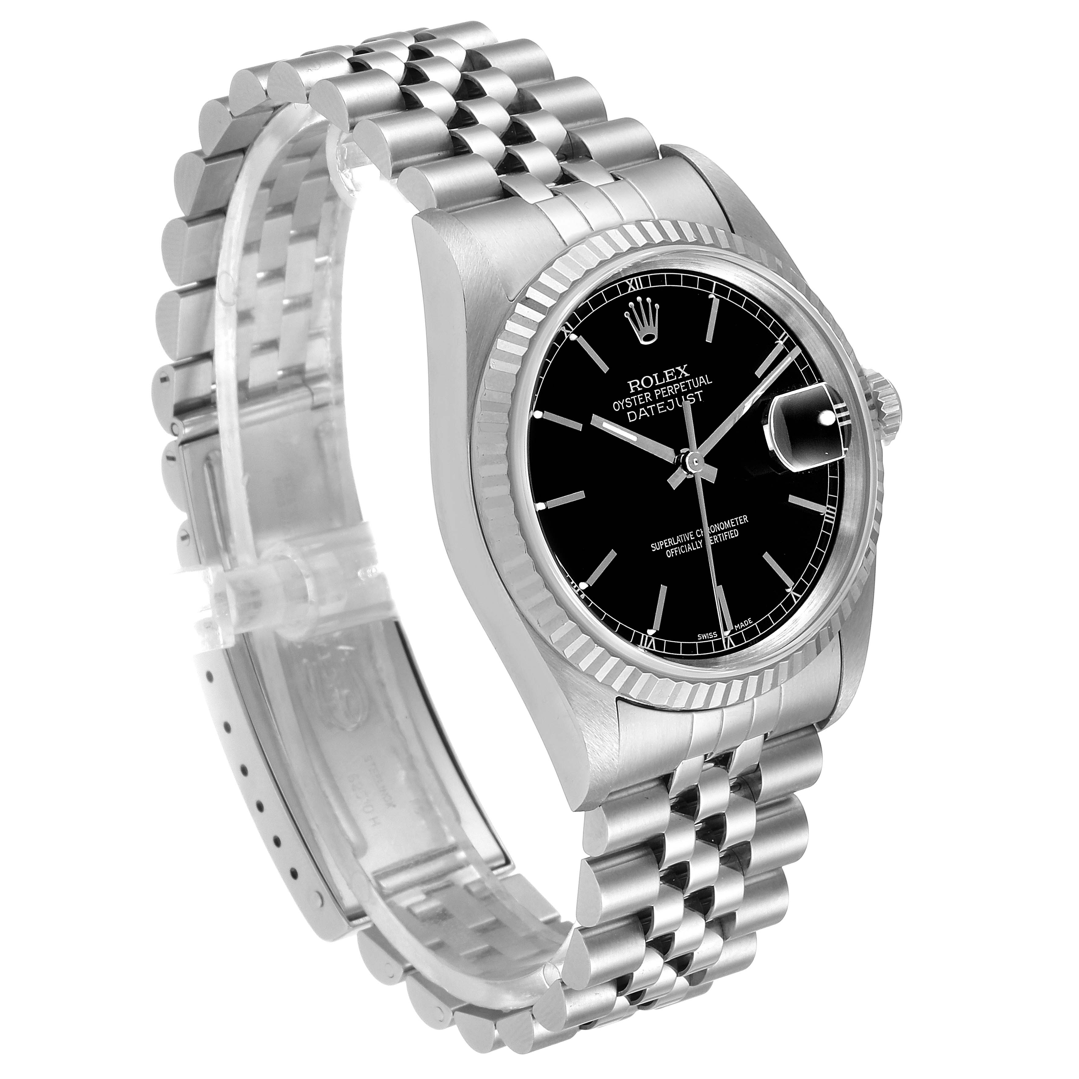 This image shows a side angle of a Rolex Datejust 16234 Men's Stainless Steel Black Dial 16234 Men's Stainless Steel Black Dial watch, highlighting the black dial, fluted bezel, and Jubilee bracelet.