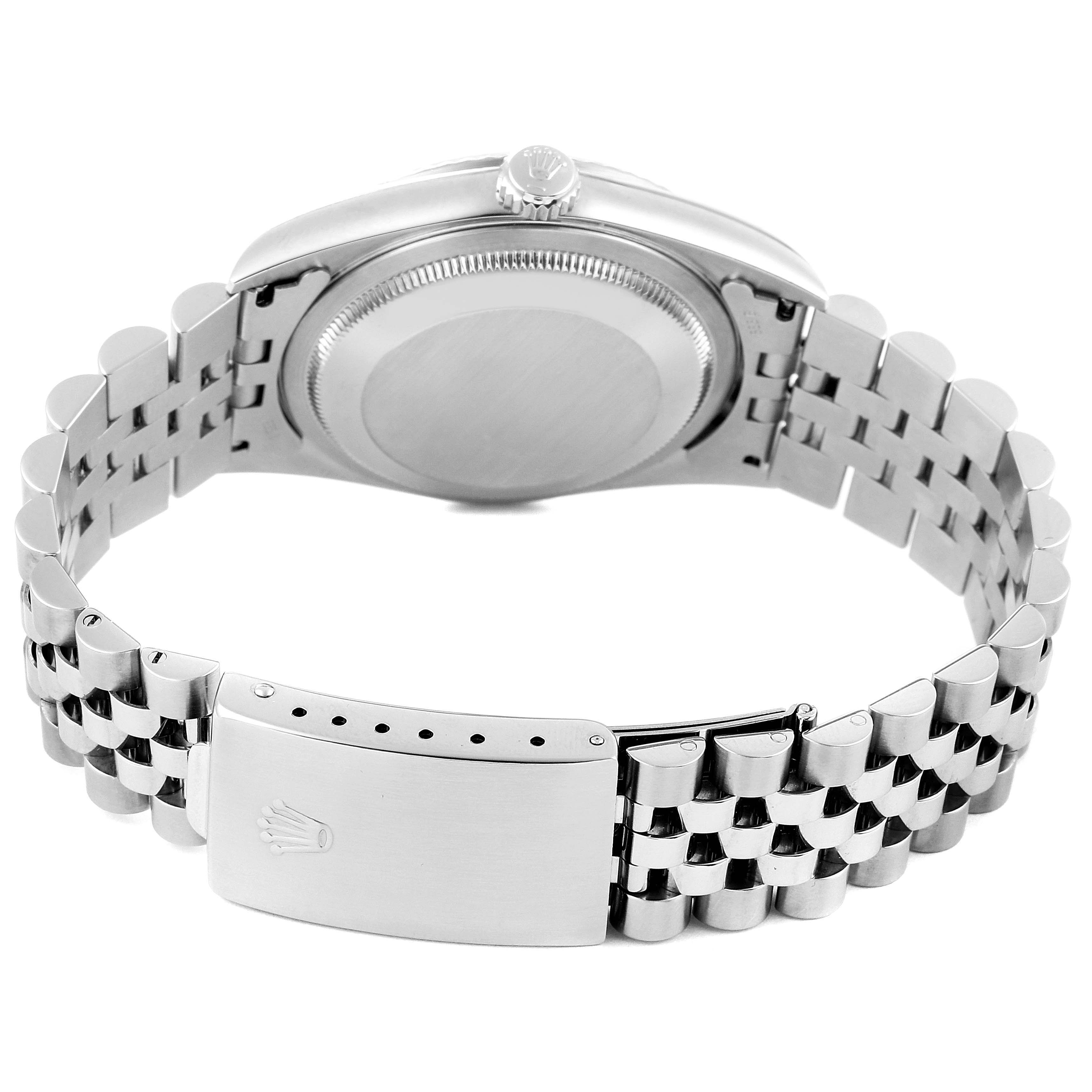 The image shows the back view of a Rolex Datejust 16234 Men's Stainless Steel Black Dial 16234 Men's Stainless Steel Black Dial watch, highlighting its bracelet, case back, and clasp.