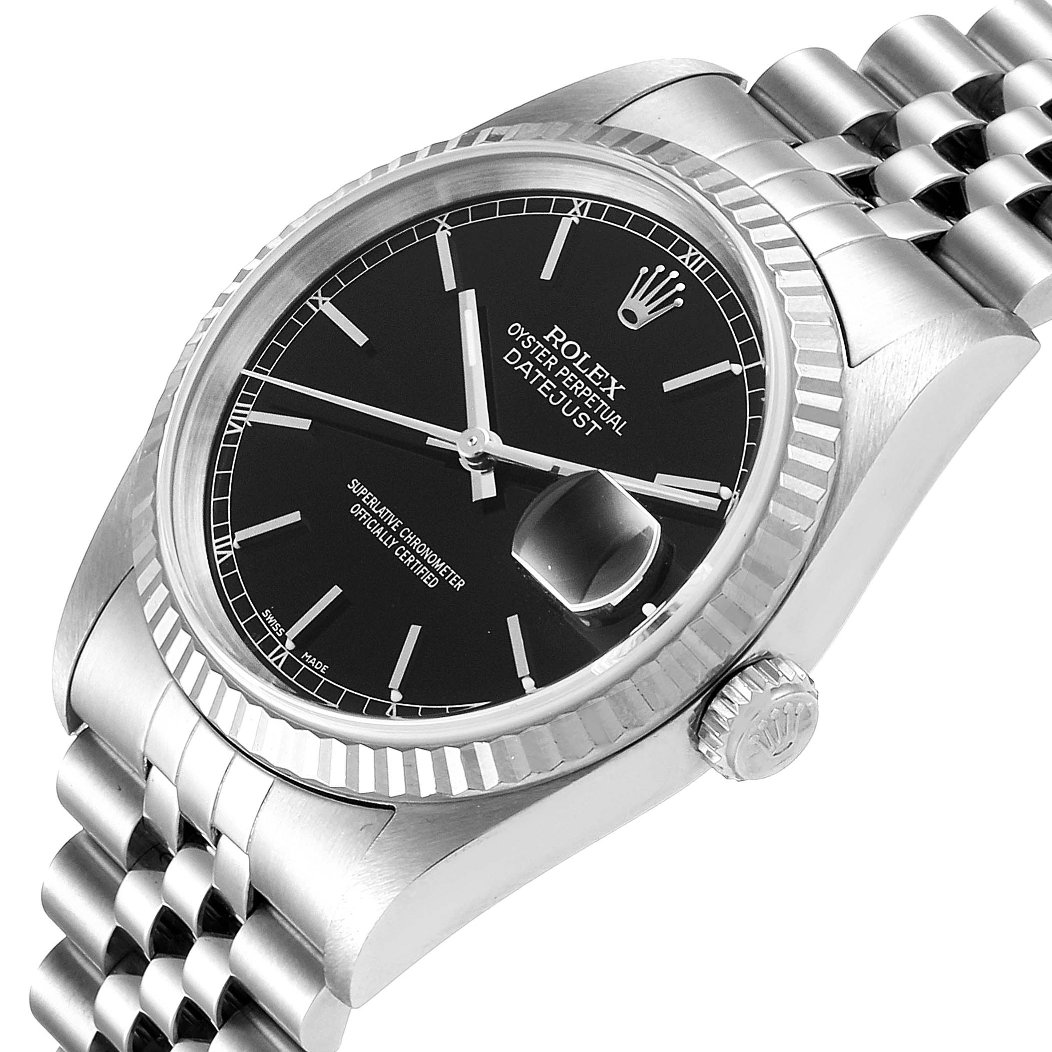 The image shows a Rolex Datejust 16234 Men's Stainless Steel Black Dial 16234 Men's Stainless Steel Black Dial watch at an angle highlighting the face, bezel, crown, and a portion of the bracelet.