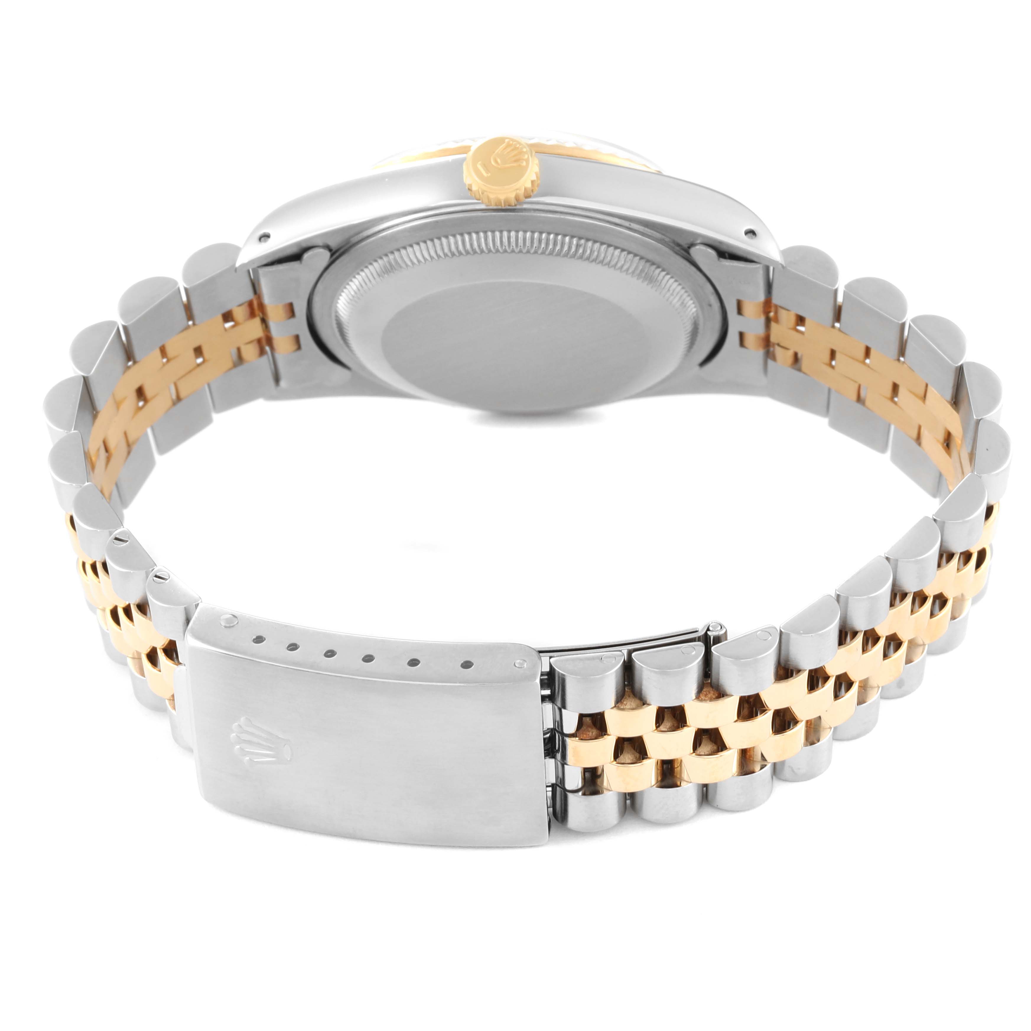 This image shows the back view of a Rolex Datejust 16233 Men's Steel and Gold (two tone) Blue Dial 16233 Men's Steel and Gold (two tone) Blue Dial watch, focusing on its case back, crown, and two-tone Jubilee bracelet.