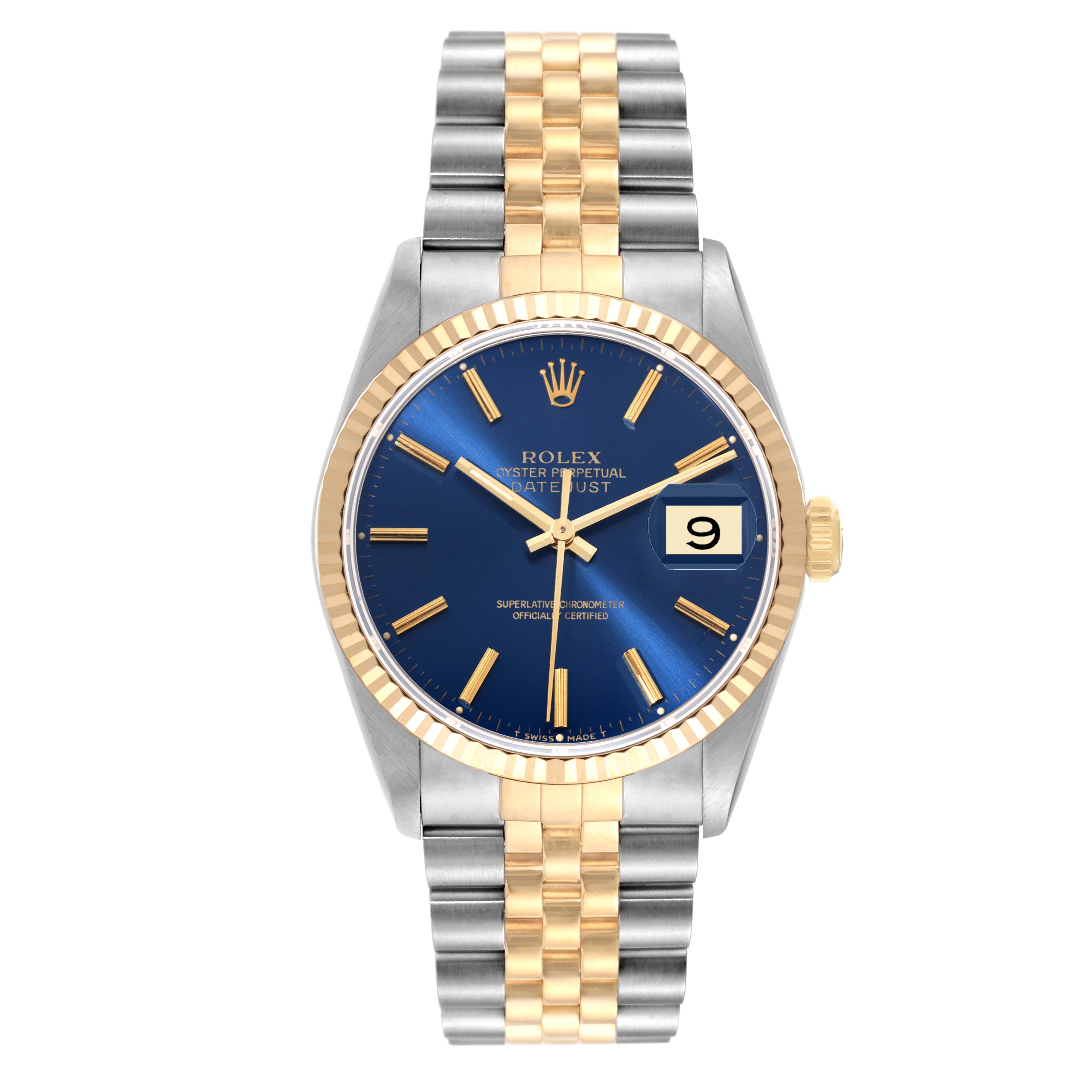 This Rolex Datejust 16233 Men's Steel and Gold (two tone) Blue Dial 16233 Men's Steel and Gold (two tone) Blue Dial watch is shown from a front angle, displaying its blue dial, gold bezel, and two-tone bracelet.