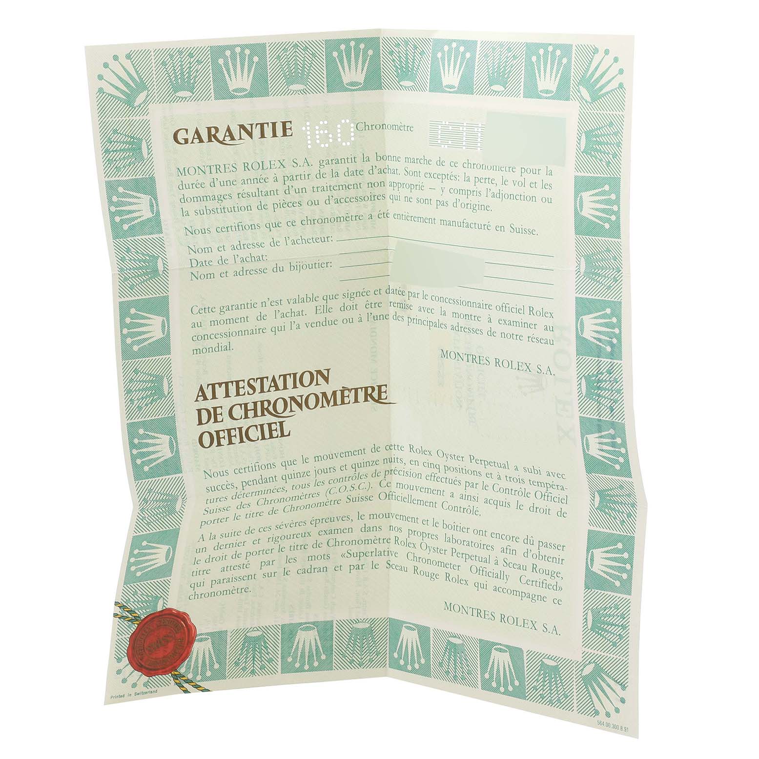 The image shows a Rolex Datejust 16233 Men's Steel and Gold (two tone) Blue Dial 16233 Men's Steel and Gold (two tone) Blue Dial model warranty and chronometer certification paperwork.