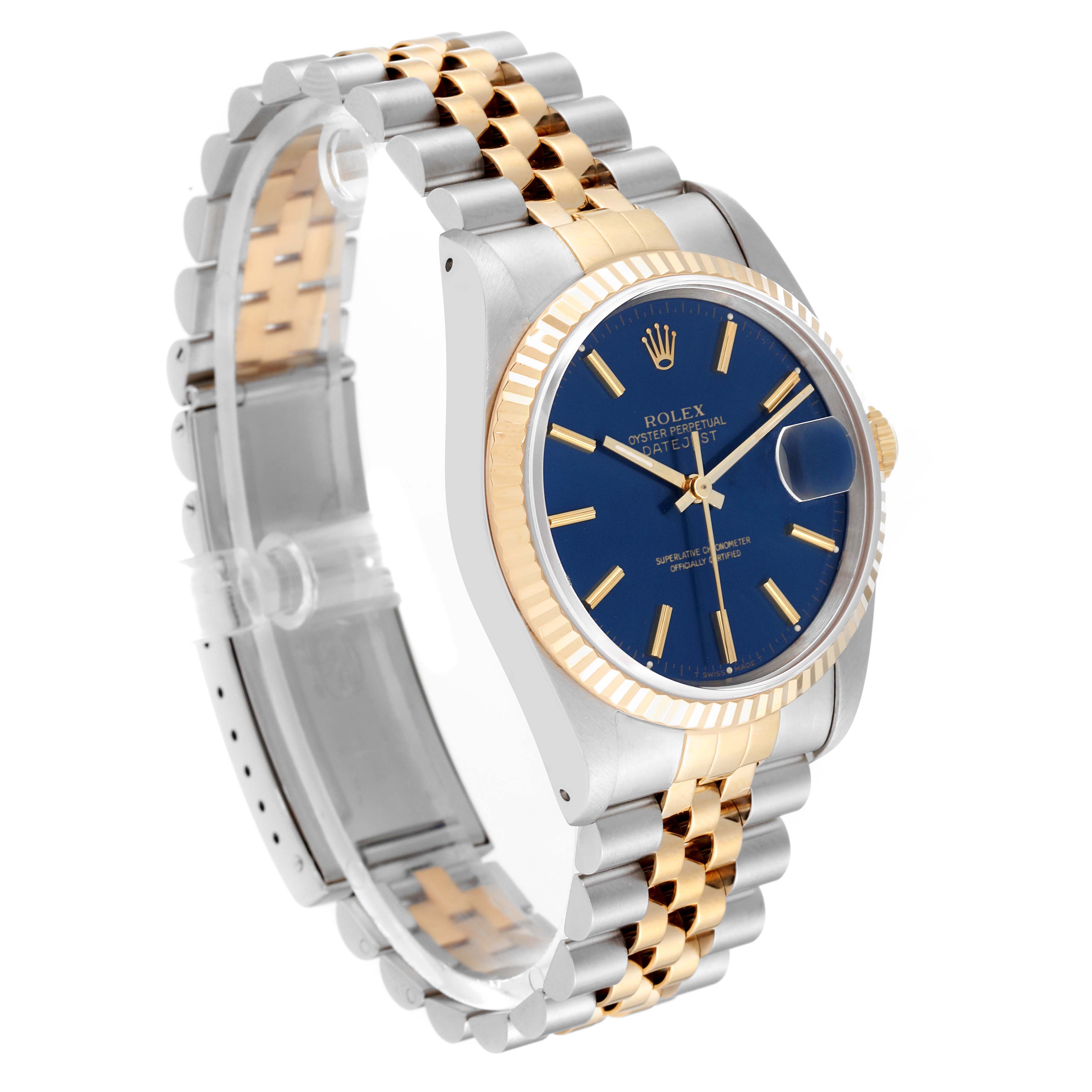 The Rolex Datejust 16233 Men's Steel and Gold (two tone) Blue Dial 16233 Men's Steel and Gold (two tone) Blue Dial watch is shown at an angle highlighting its blue dial, gold fluted bezel, and two-tone bracelet.