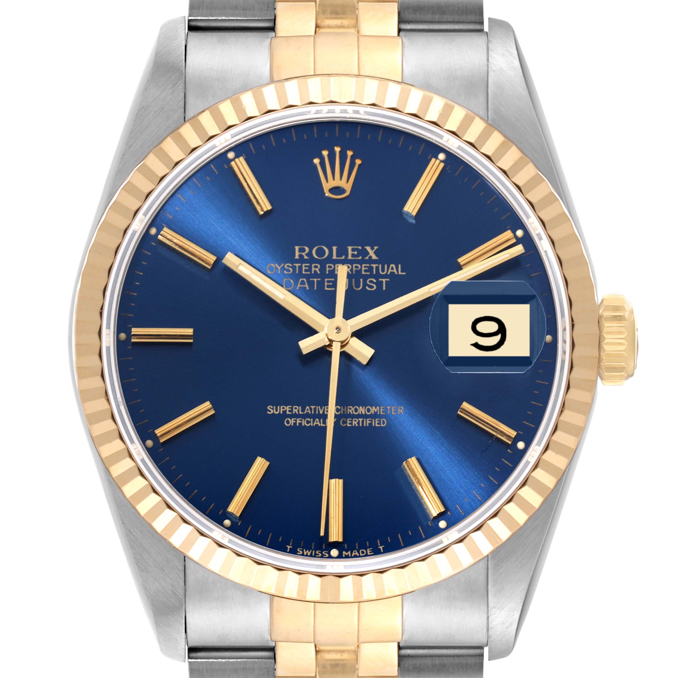 This image shows a front view of a Rolex Datejust 16233 Men's Steel and Gold (two tone) Blue Dial 16233 Men's Steel and Gold (two tone) Blue Dial watch featuring a blue dial and gold and silver details.