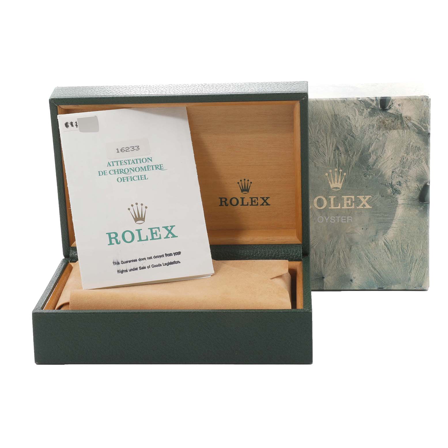 This image shows an open Rolex Datejust 16233 Men's Steel and Gold (two tone) Blue Dial 16233 Men's Steel and Gold (two tone) Blue Dial box containing a certificate and an accessory pouch.