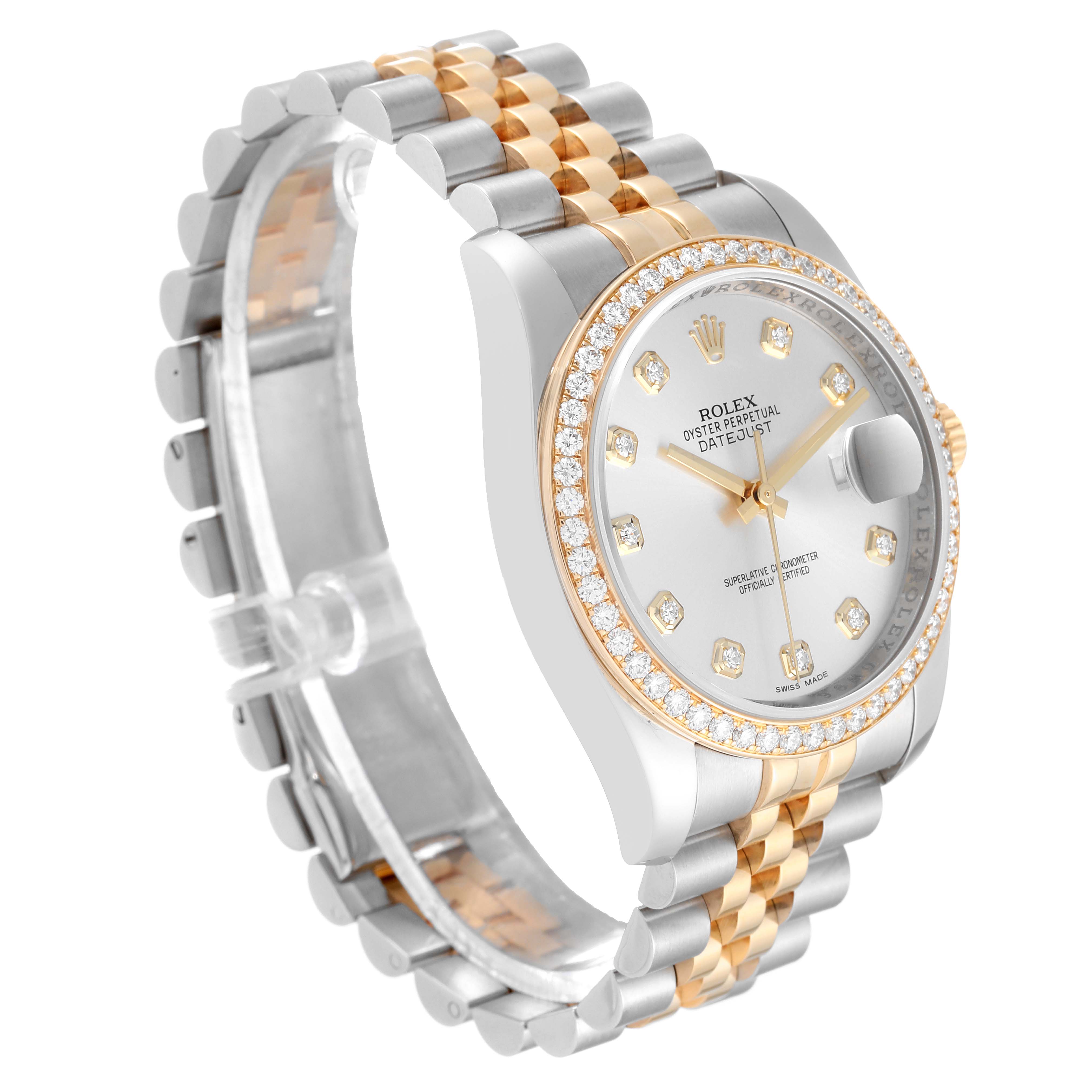 This image shows a side angle of a Rolex Datejust 116243 Men's Steel and Gold (two tone) Silver Dial 116243 Men's Steel and Gold (two tone) Silver Dial watch, highlighting its two-tone bracelet, diamond-set bezel, and dial.