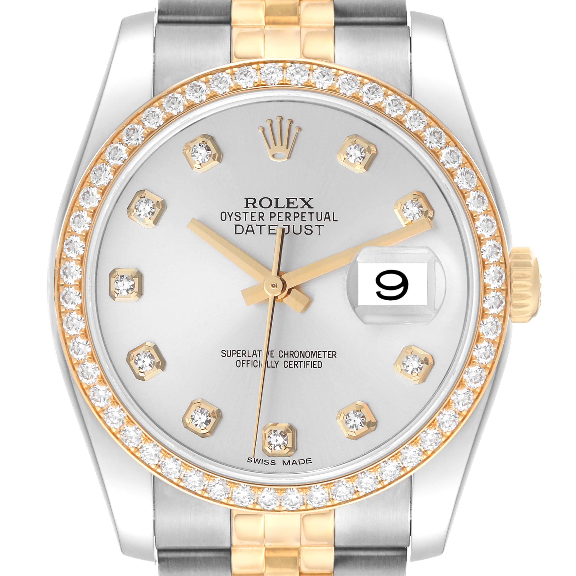 The image shows a front view of the Rolex Datejust 116243 Men's Steel and Gold (two tone) Silver Dial 116243 Men's Steel and Gold (two tone) Silver Dial watch, highlighting its dial, bezel, and part of the bracelet.