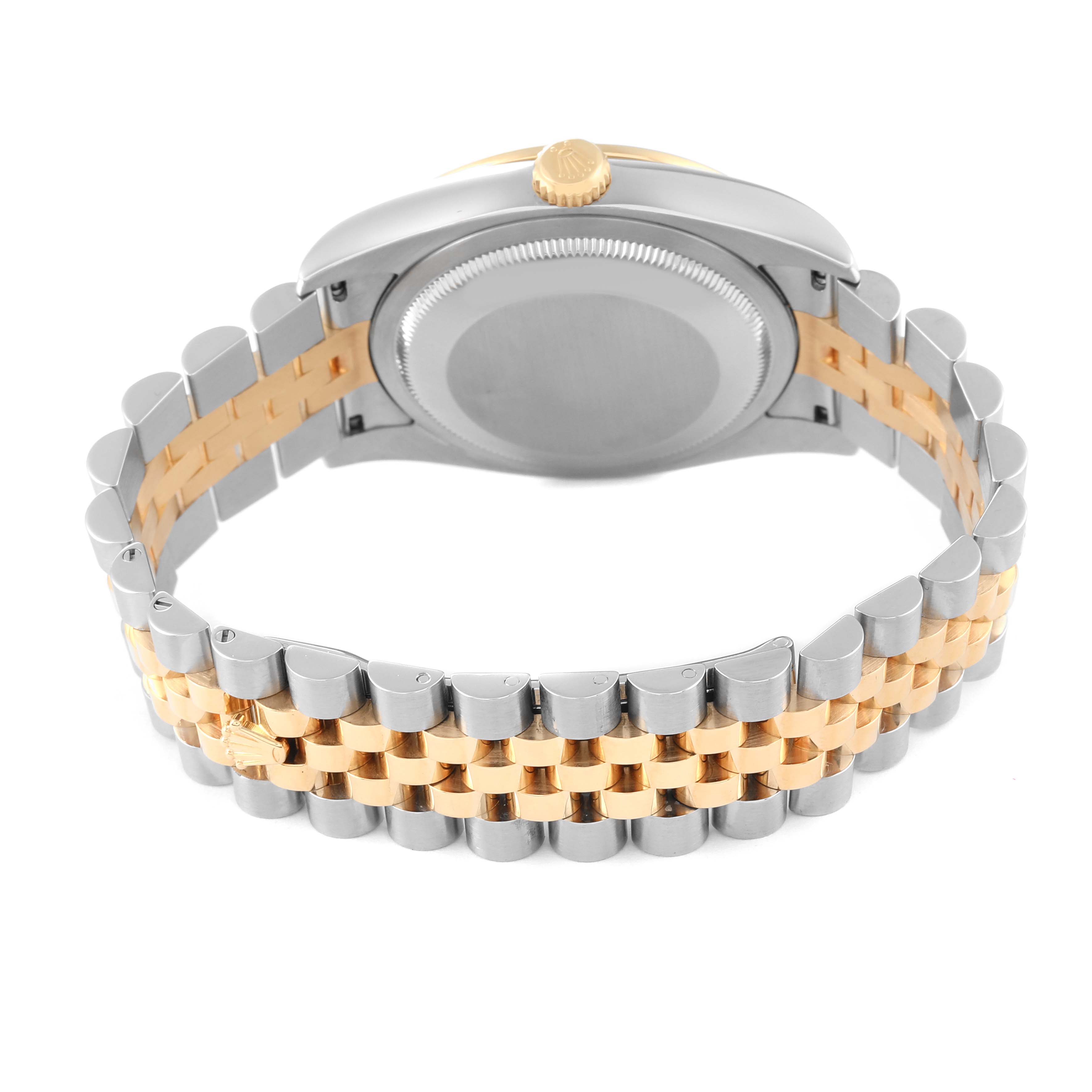 This image shows the back view of a Rolex Datejust 116243 Men's Steel and Gold (two tone) Silver Dial 116243 Men's Steel and Gold (two tone) Silver Dial watch, featuring its two-tone bracelet and case back.