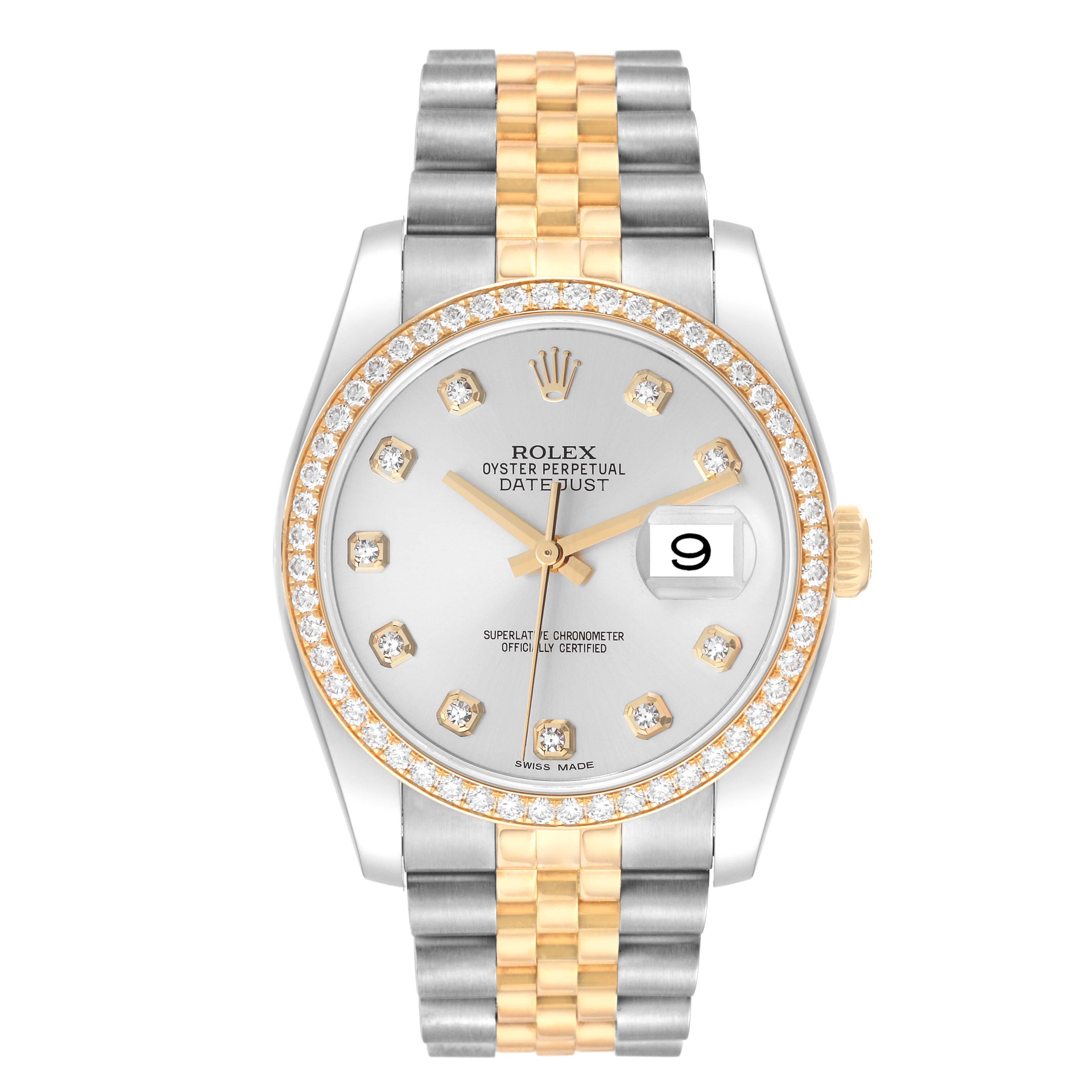 This is a front view of the Rolex Datejust 116243 Men's Steel and Gold (two tone) Silver Dial 116243 Men's Steel and Gold (two tone) Silver Dial watch showcasing its dial, bezel, and two-tone bracelet.
