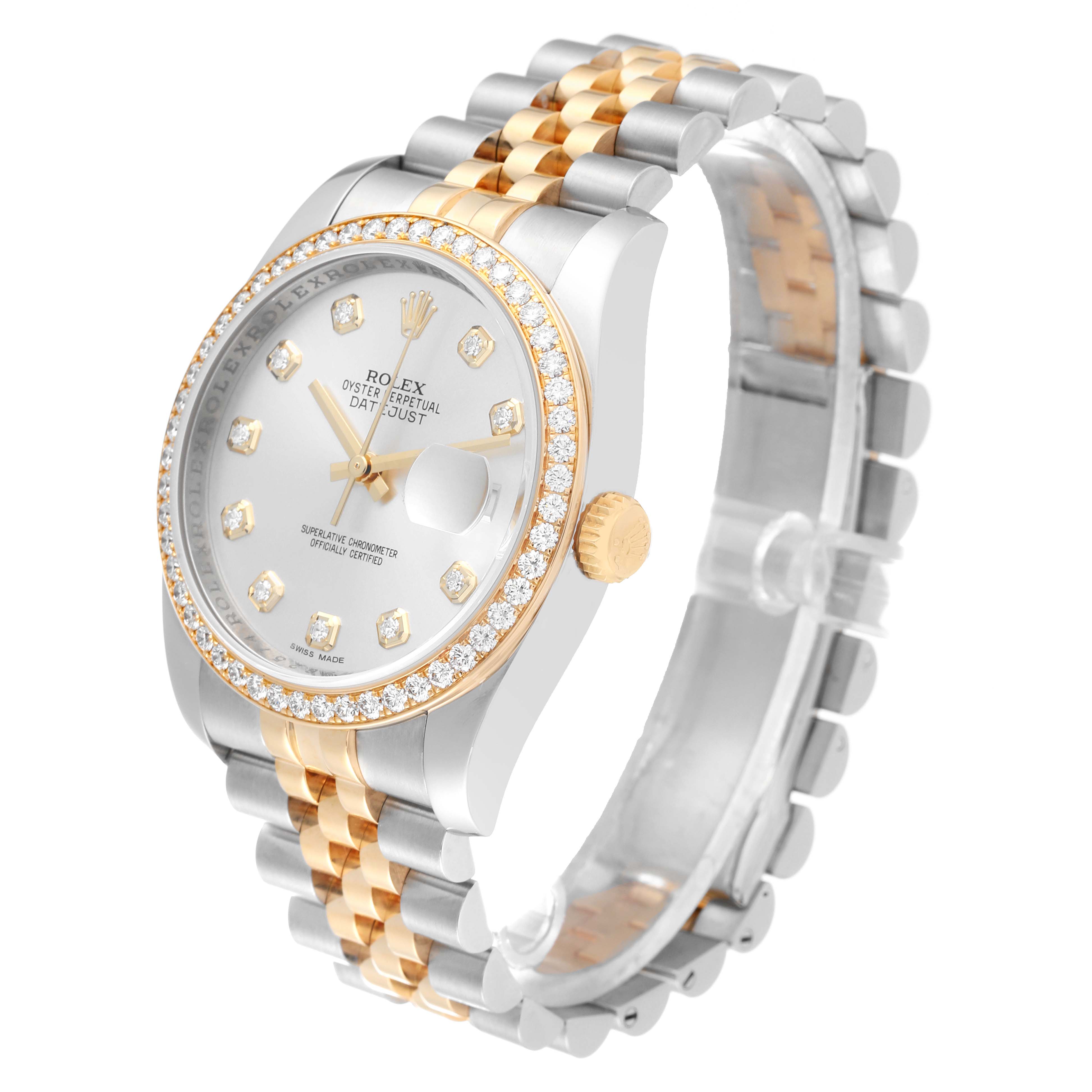 The image shows a Rolex Datejust 116243 Men's Steel and Gold (two tone) Silver Dial 116243 Men's Steel and Gold (two tone) Silver Dial watch from an angled perspective, highlighting its face, bezel, and two-tone strap.