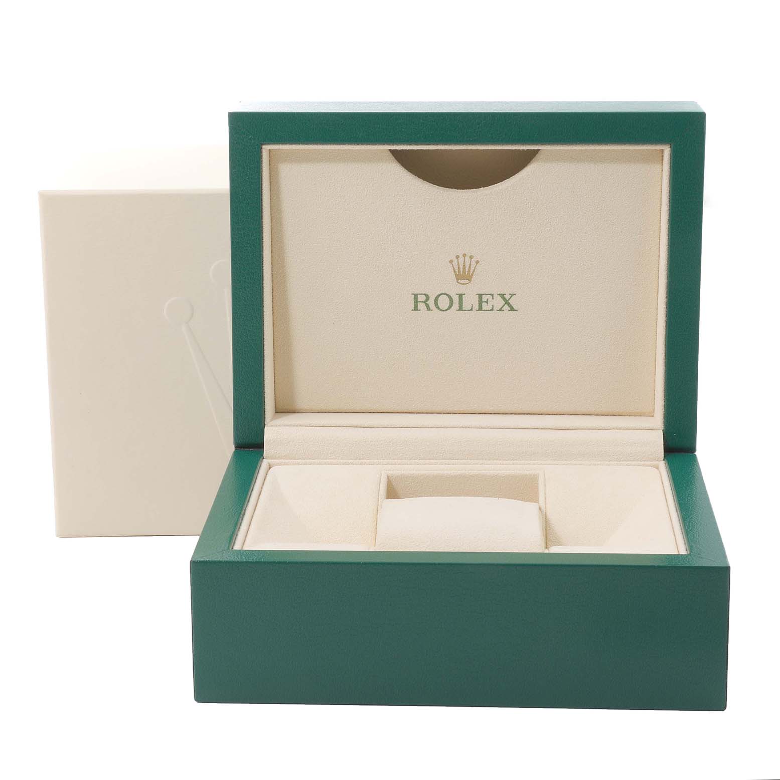 The image shows an open, empty green and beige box for a Rolex Datejust 116243 Men's Steel and Gold (two tone) Silver Dial 116243 Men's Steel and Gold (two tone) Silver Dial watch, displaying the brand's logo.