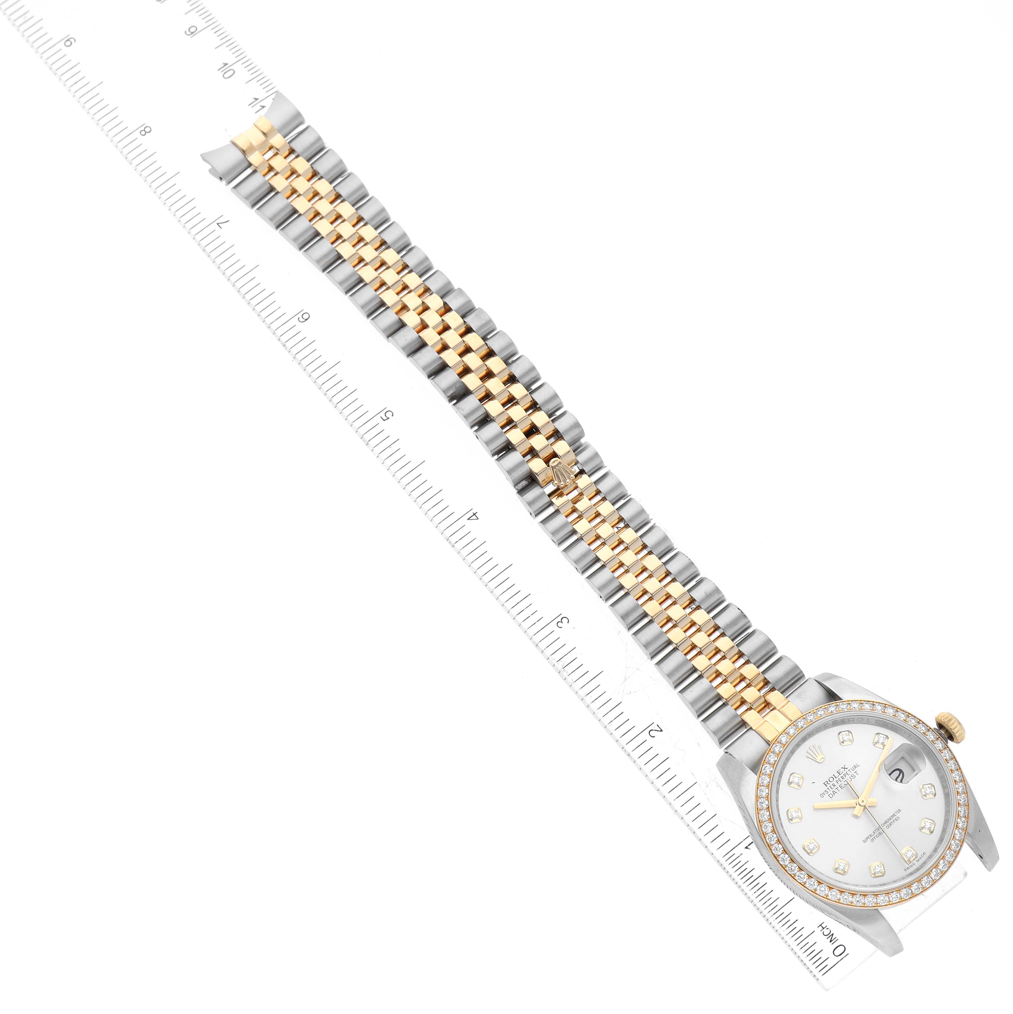 This image shows the Rolex Datejust 116243 Men's Steel and Gold (two tone) Silver Dial 116243 Men's Steel and Gold (two tone) Silver Dial watch from an aerial view, displaying the face, bezel, and a full gold and silver Jubilee bracelet.