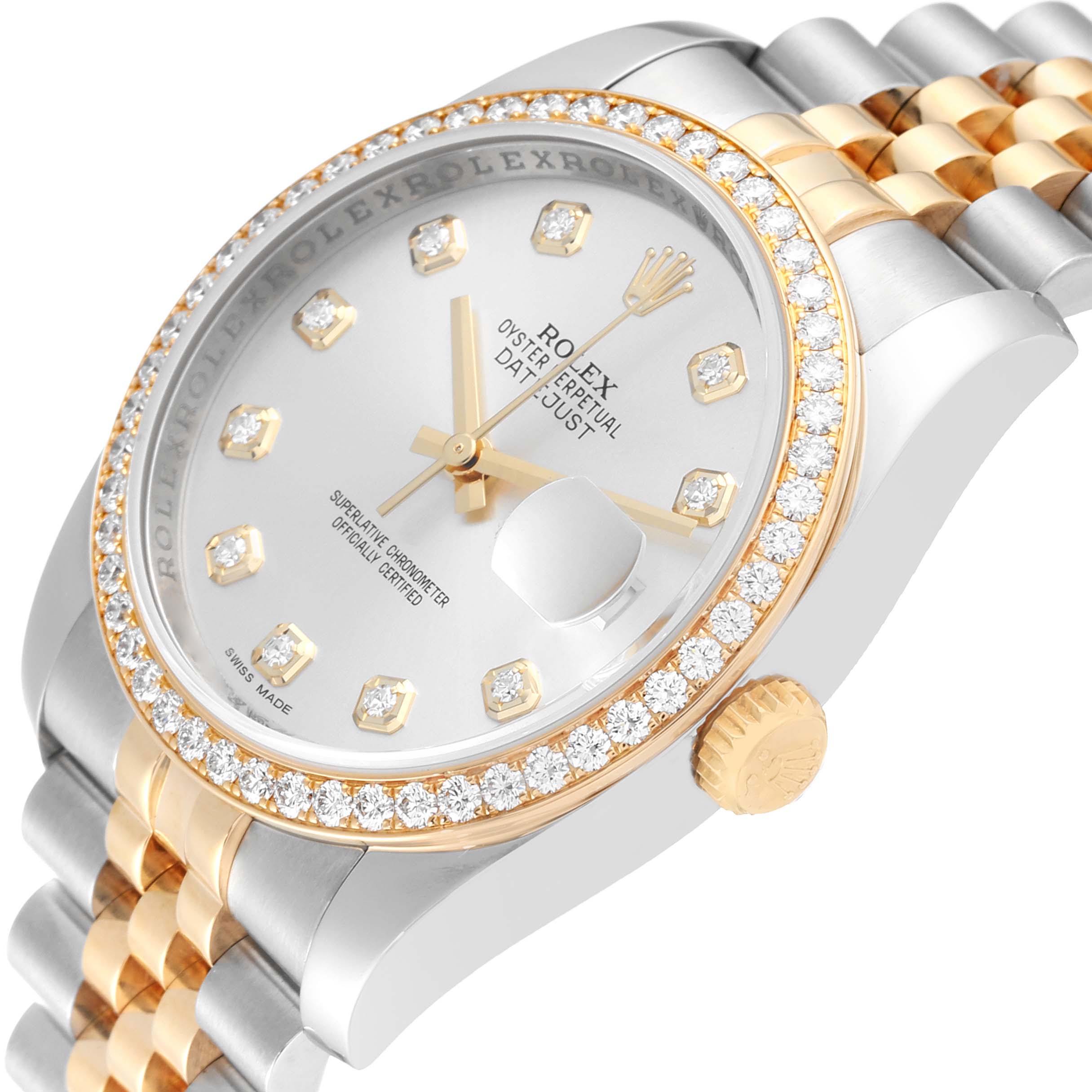 The Rolex Datejust 116243 Men's Steel and Gold (two tone) Silver Dial 116243 Men's Steel and Gold (two tone) Silver Dial watch is shown at an angled view displaying the face, bezel, and part of the bracelet.