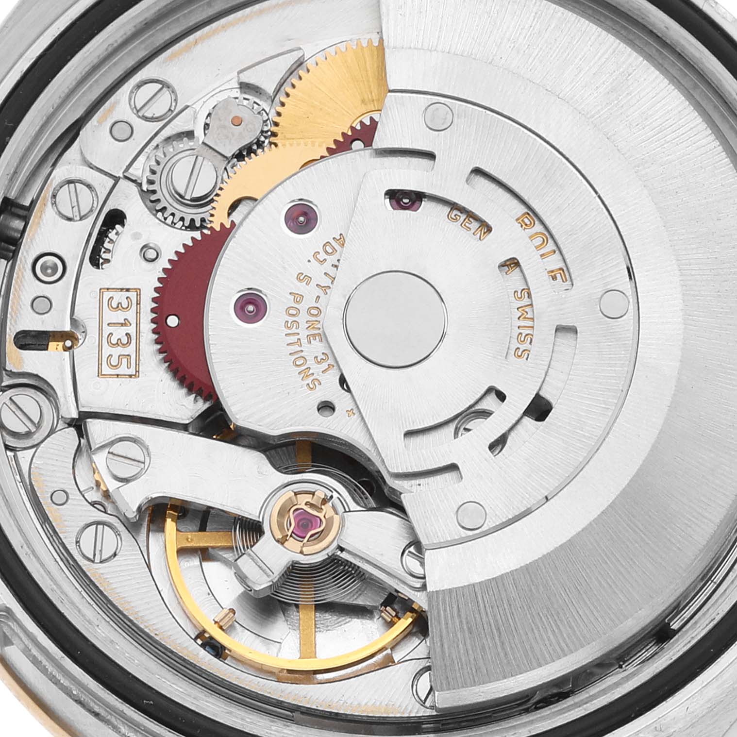 This image shows a close-up view of the movement components of a Rolex Datejust 116243 Men's Steel and Gold (two tone) Silver Dial 116243 Men's Steel and Gold (two tone) Silver Dial watch.