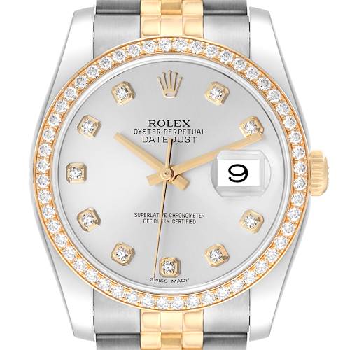 Photo of Rolex Datejust 36 Steel Yellow Gold Silver Dial Diamond Mens Watch 116243