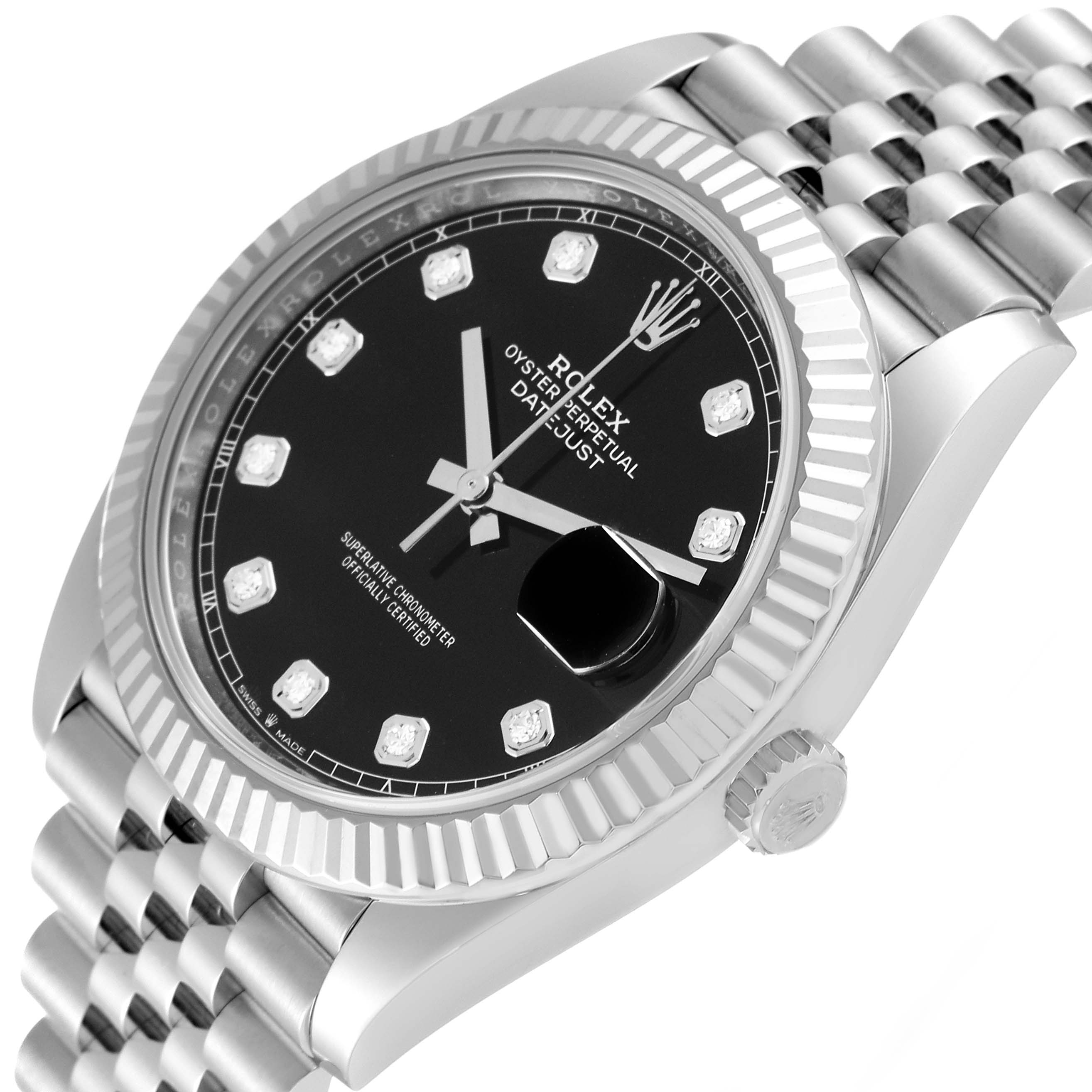 This image shows a close-up, angled view of the Rolex Datejust 41 126334 Men's Stainless Steel Black Dial 126334 Men's Stainless Steel Black Dial watch, highlighting the face, bezel, and Jubilee bracelet.