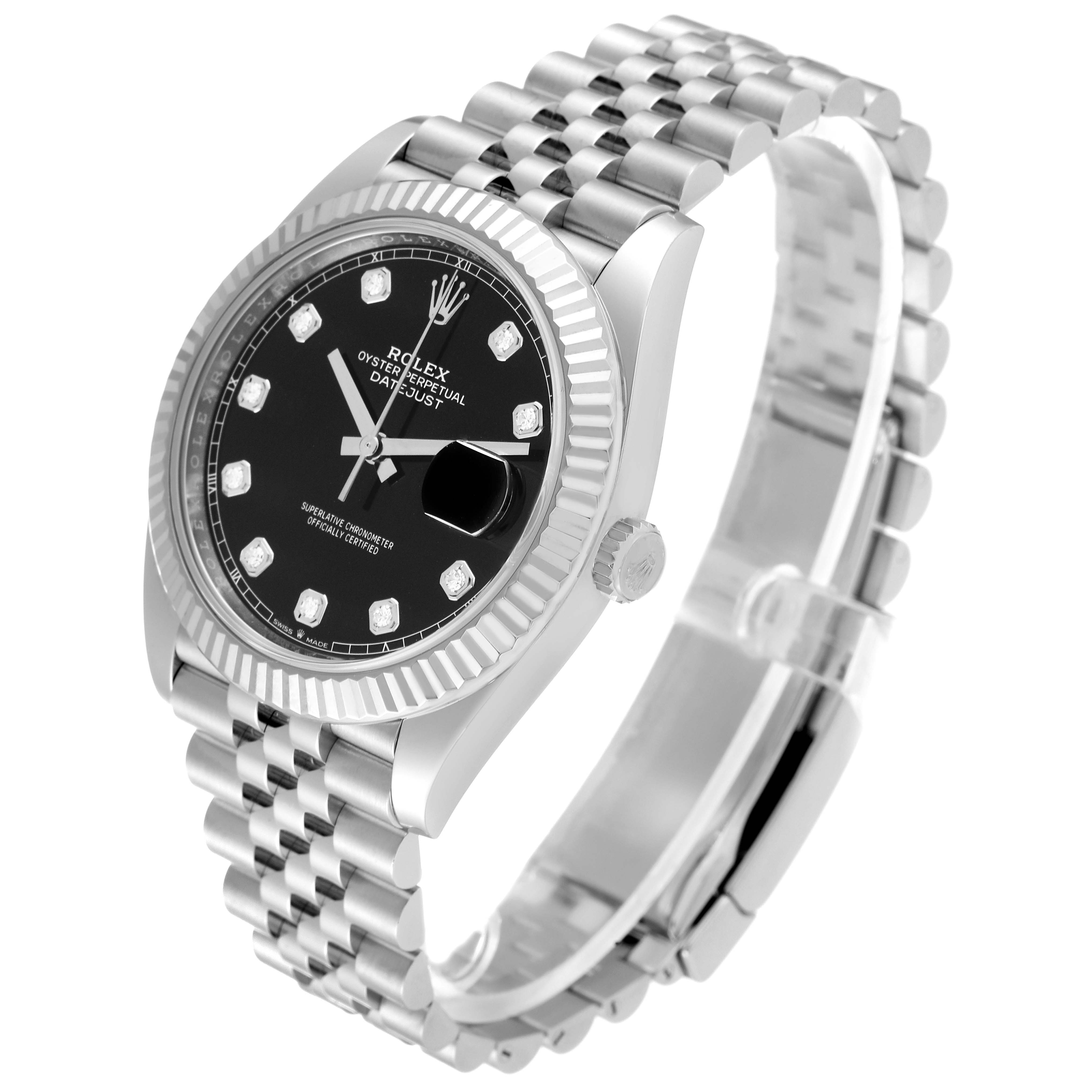 The Rolex Datejust 41 126334 Men's Stainless Steel Black Dial 126334 Men's Stainless Steel Black Dial watch is shown at a three-quarter angle, highlighting its black dial, fluted bezel, and jubilee bracelet.