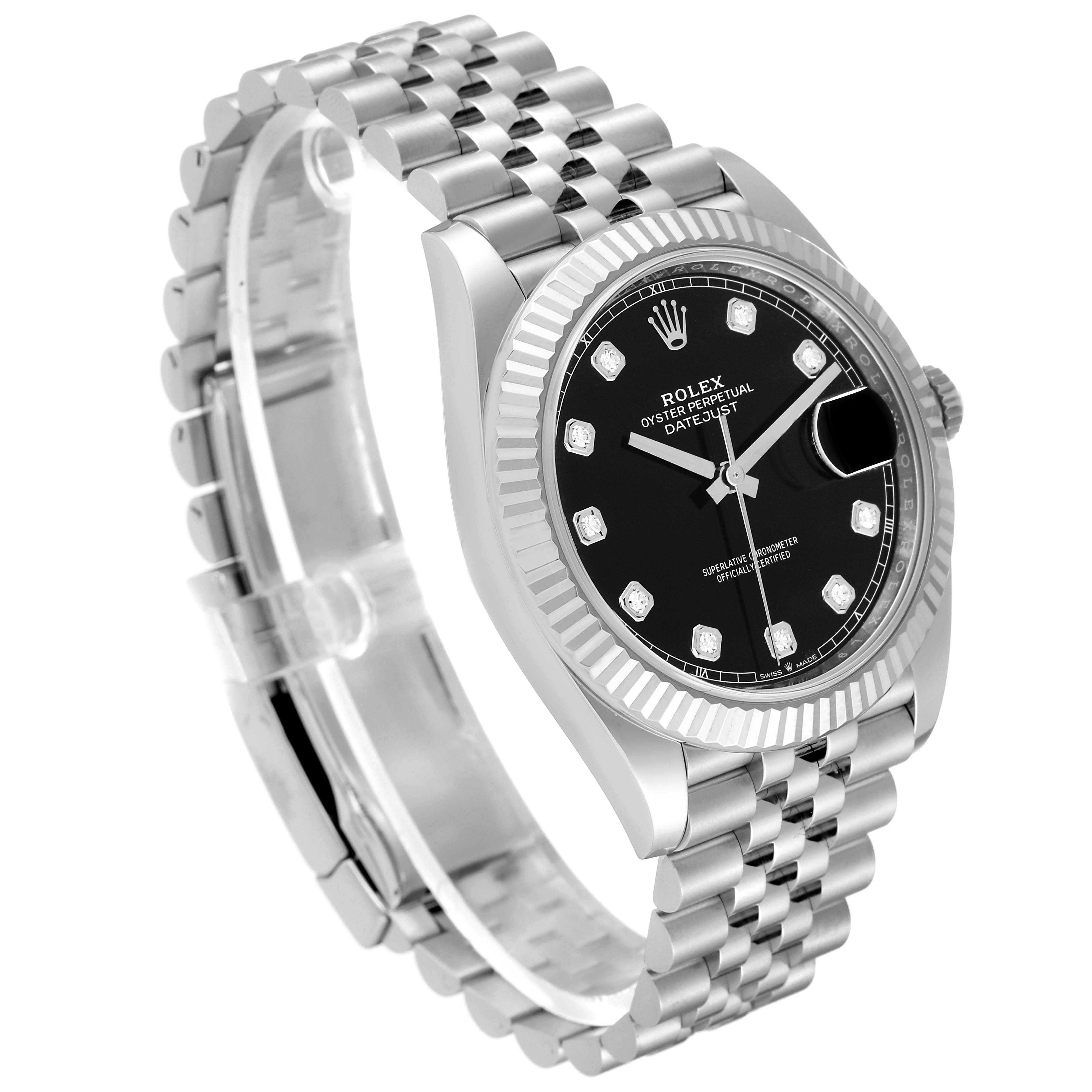 The Rolex Datejust 41 126334 Men's Stainless Steel Black Dial 126334 Men's Stainless Steel Black Dial watch is shown angled to display the black dial, fluted bezel, and Jubilee bracelet.