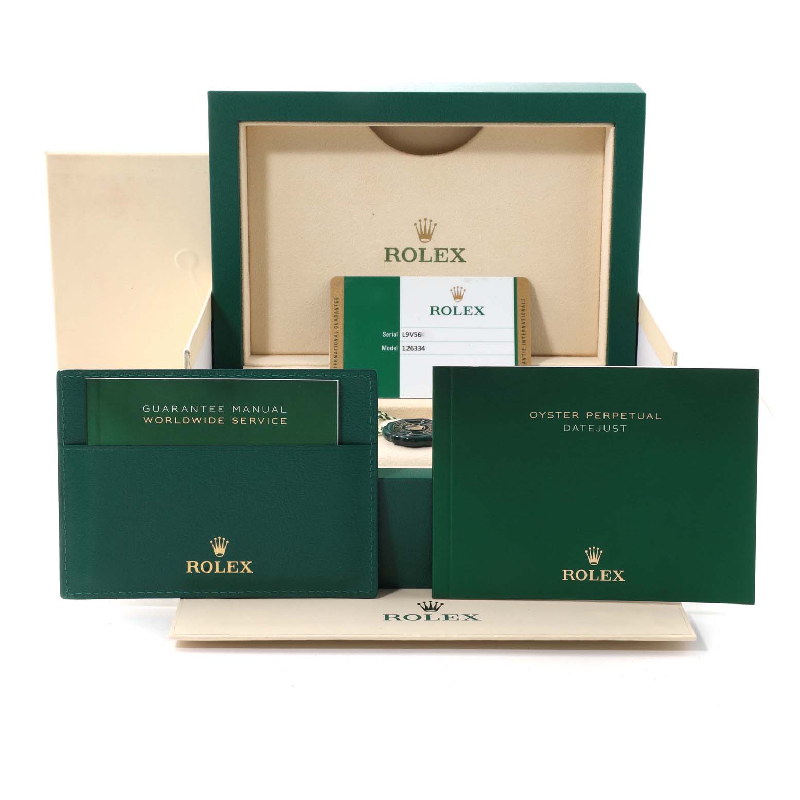 The image shows a Rolex Datejust 41 126334 Men's Stainless Steel Black Dial 126334 Men's Stainless Steel Black Dial packaging, including guarantee manual, service booklet, cardholder, and watch box.