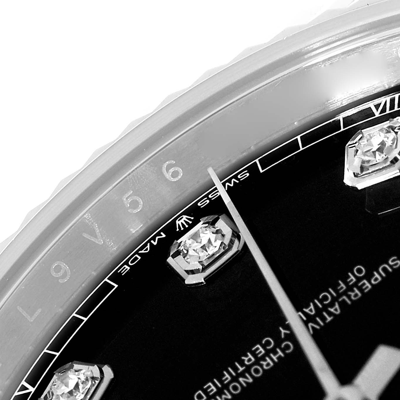 The image shows a close-up of the dial and bezel of the Rolex Datejust 41 126334 Men's Stainless Steel Black Dial 126334 Men's Stainless Steel Black Dial watch, highlighting the diamond hour markers and the "Swiss Made" text.