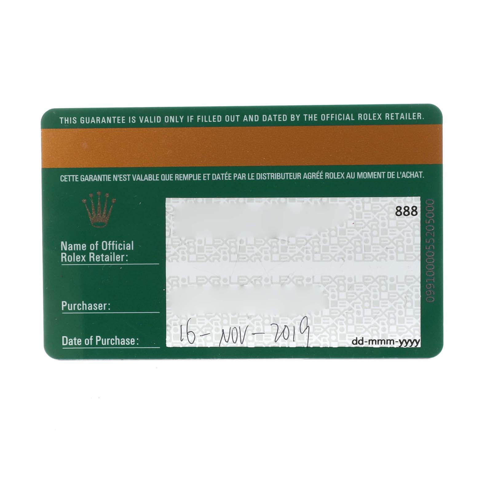 The image shows the official guarantee card for a Rolex Datejust 41 126334 Men's Stainless Steel Black Dial 126334 Men's Stainless Steel Black Dial watch, filled with purchase details.