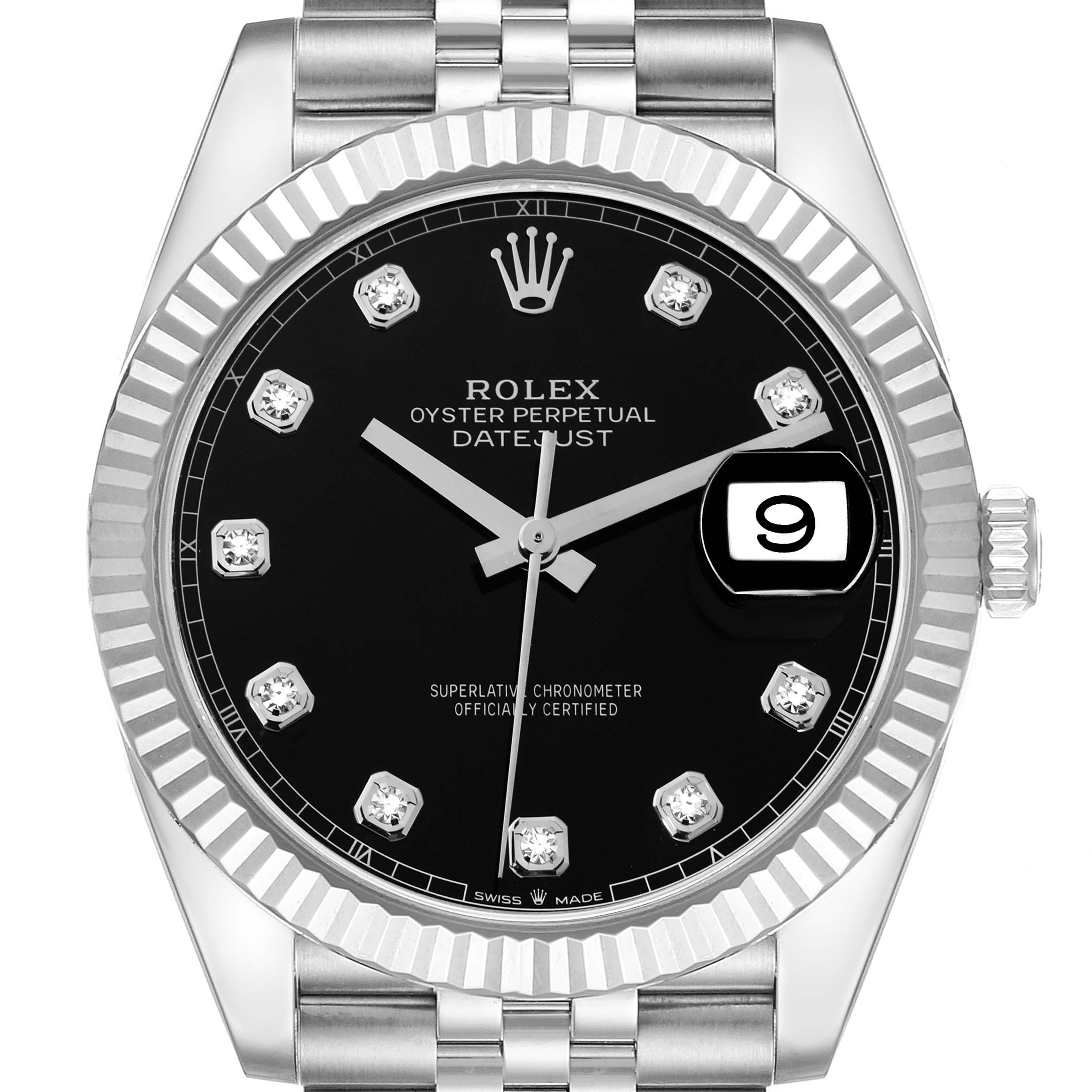 The image shows a front view of a Rolex Datejust 41 126334 Men's Stainless Steel Black Dial 126334 Men's Stainless Steel Black Dial watch, highlighting its black dial, diamond hour markers, fluted bezel, and date window.