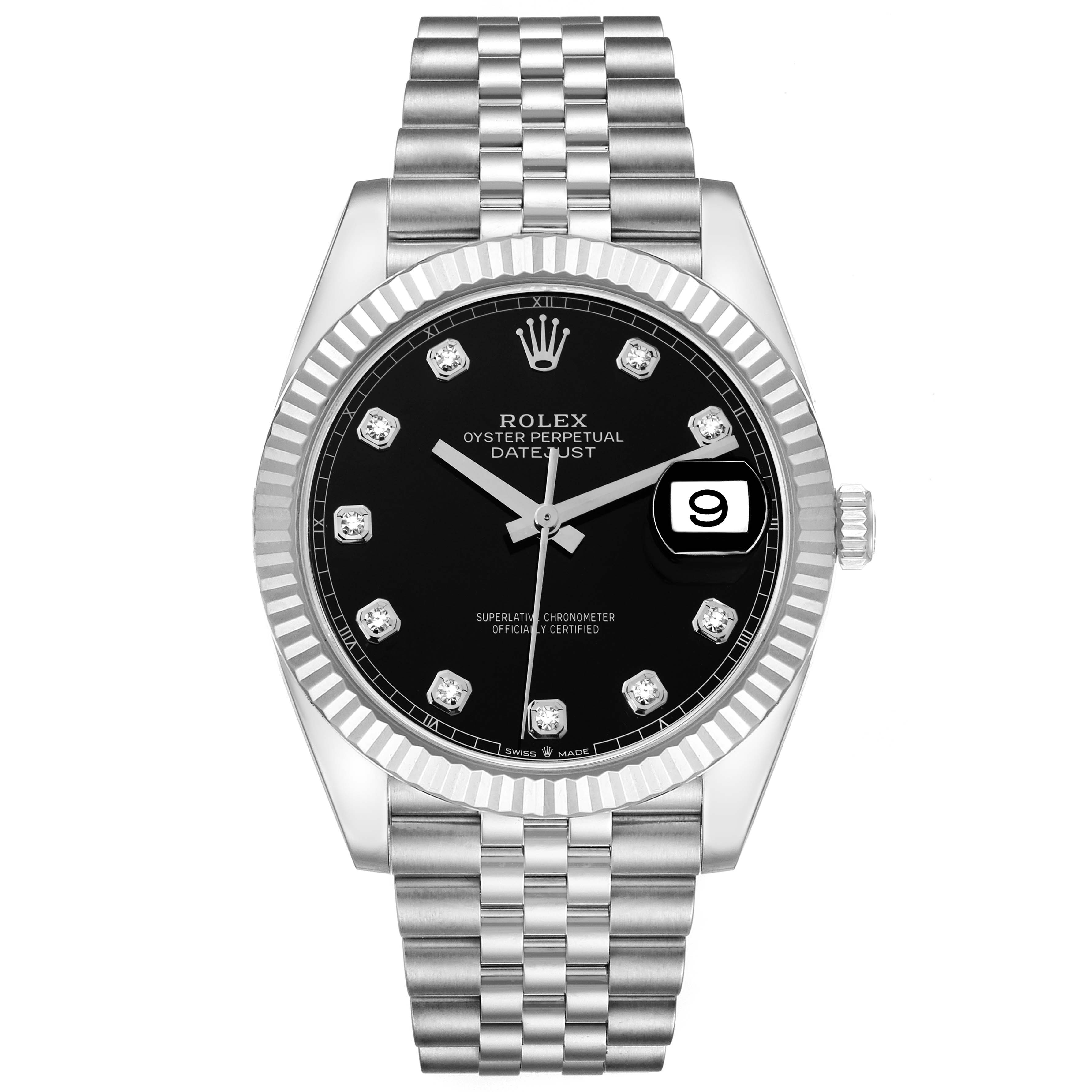 The image shows a front view of the Rolex Datejust 41 126334 Men's Stainless Steel Black Dial 126334 Men's Stainless Steel Black Dial watch, featuring a black dial, diamond hour markers, fluted bezel, and Jubilee bracelet.